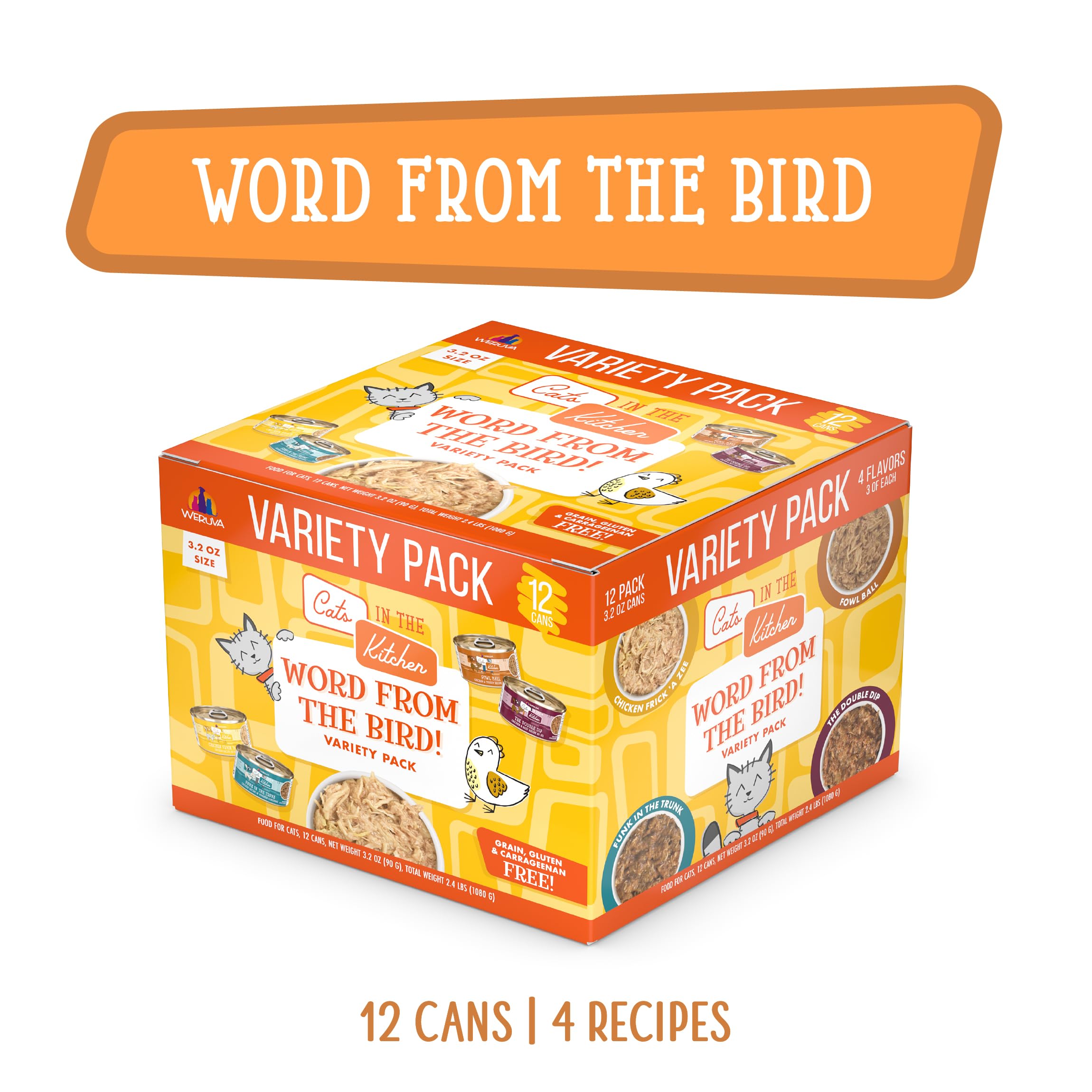Variété de quatre recettes au poulet Weruva en conserve.