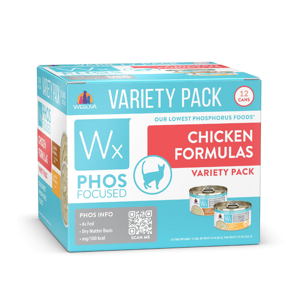 Weruva Wx Phos Focused au poulet, assortiment chat, boîtes 3oz pour repas équilibré.