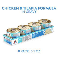 Gros plan sur Weruva Wx Phos Focused poulet tilapia en sauce, protéines biodisponibles