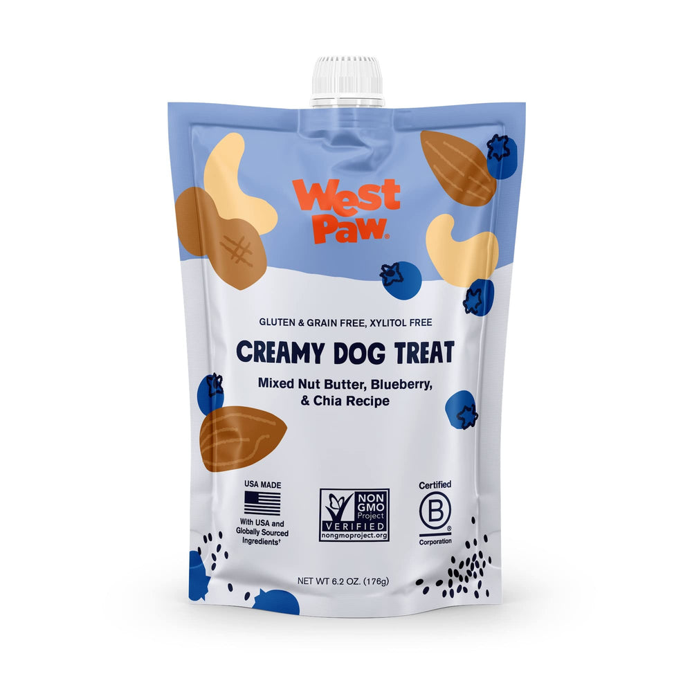 Friandise WEST PAW beurre de noix myrtilles chia, texture onctueuse pour chien.