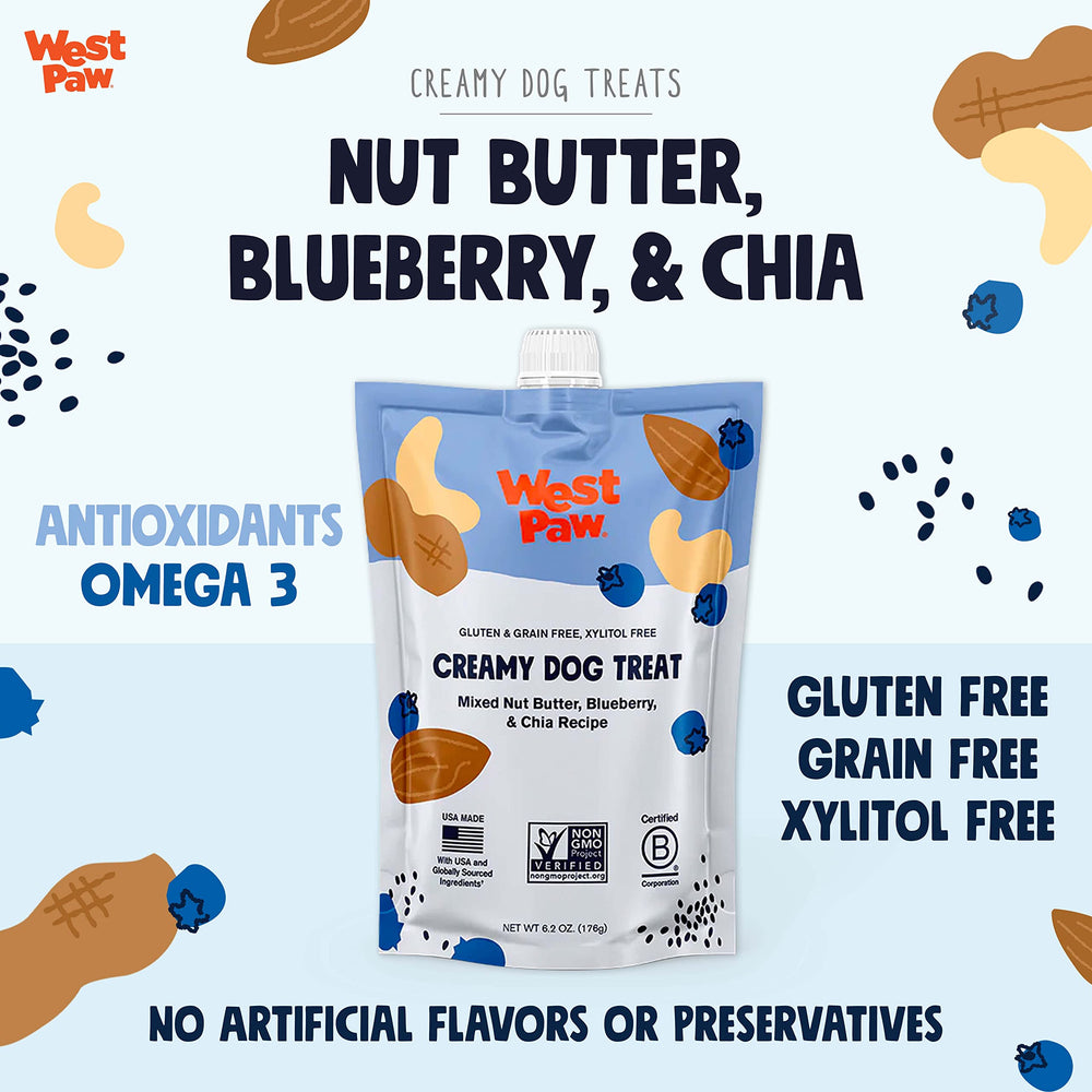 Friandise WEST PAW beurre de noix myrtilles chia, récompense idéale pour chien actif.