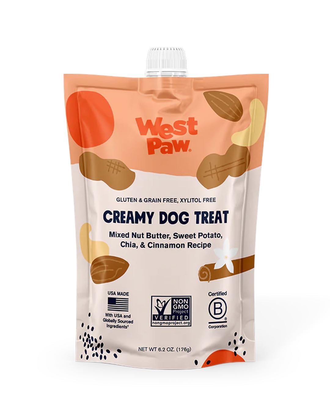 Gâterie West Paw Beurre de noix crèmeux, patate douce et chia, récompense gourmande pour chien.