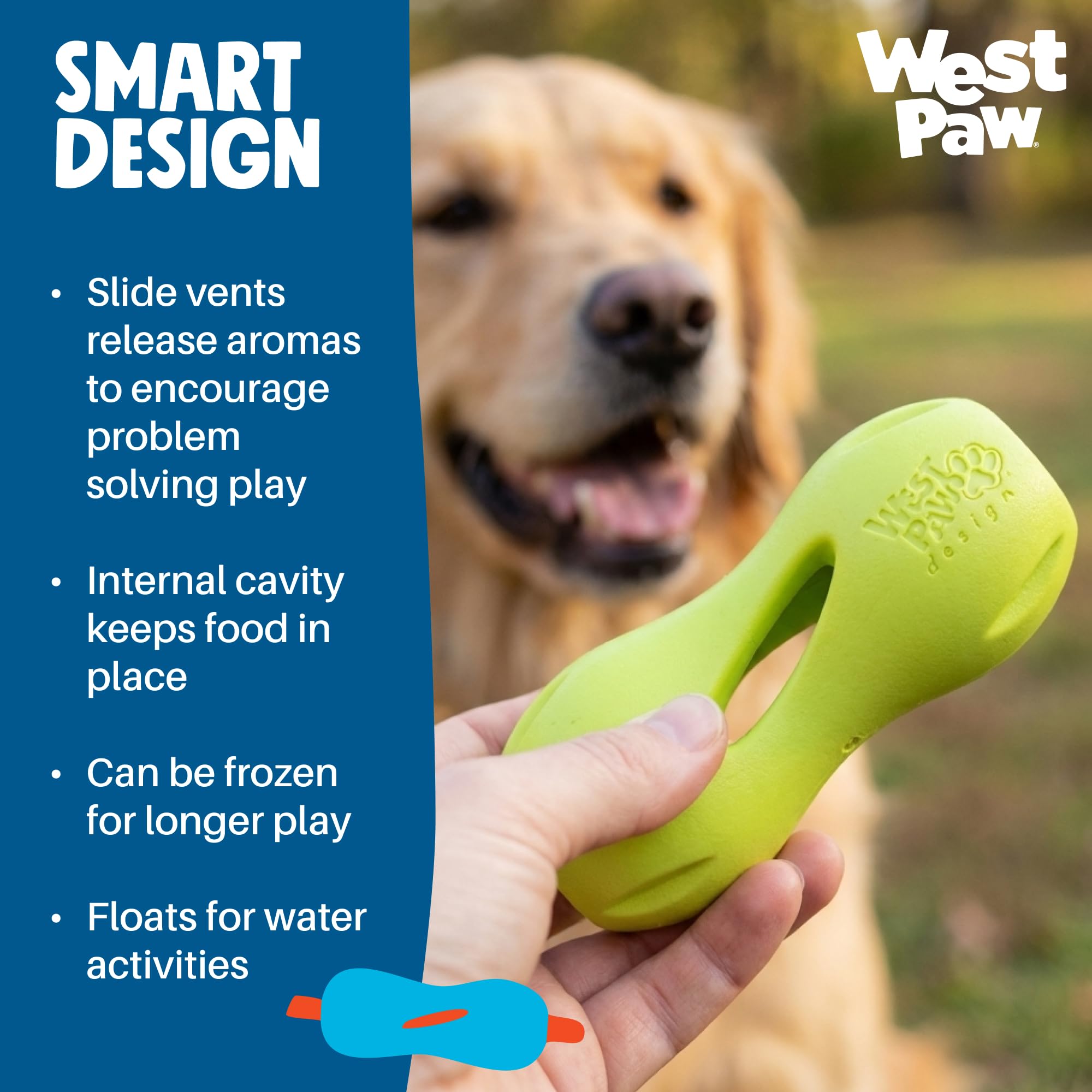 Qwizl West Paw flotte dans l’eau pour les jeux aquatiques.