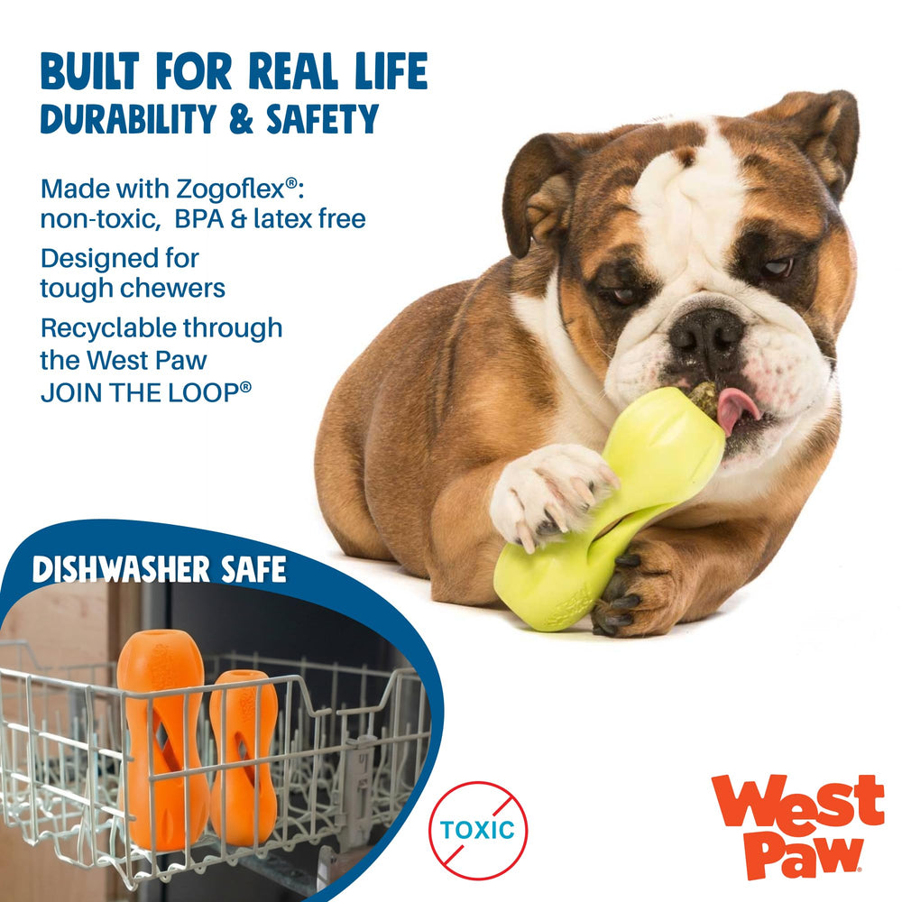 West Paw Qwizl, jouet puzzle, arômes attractifs, encourage à mâcher et explorer.