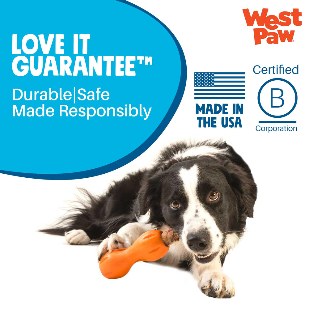 West Paw Qwizl, fabriqué aux États‑Unis, soutien jouets durables et locaux.
