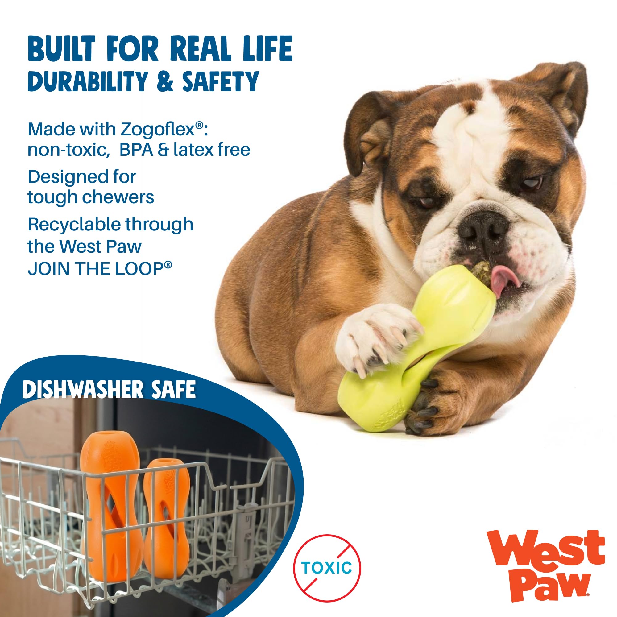 West Paw Qwizl, matériau Zogoflex sûr et durable.