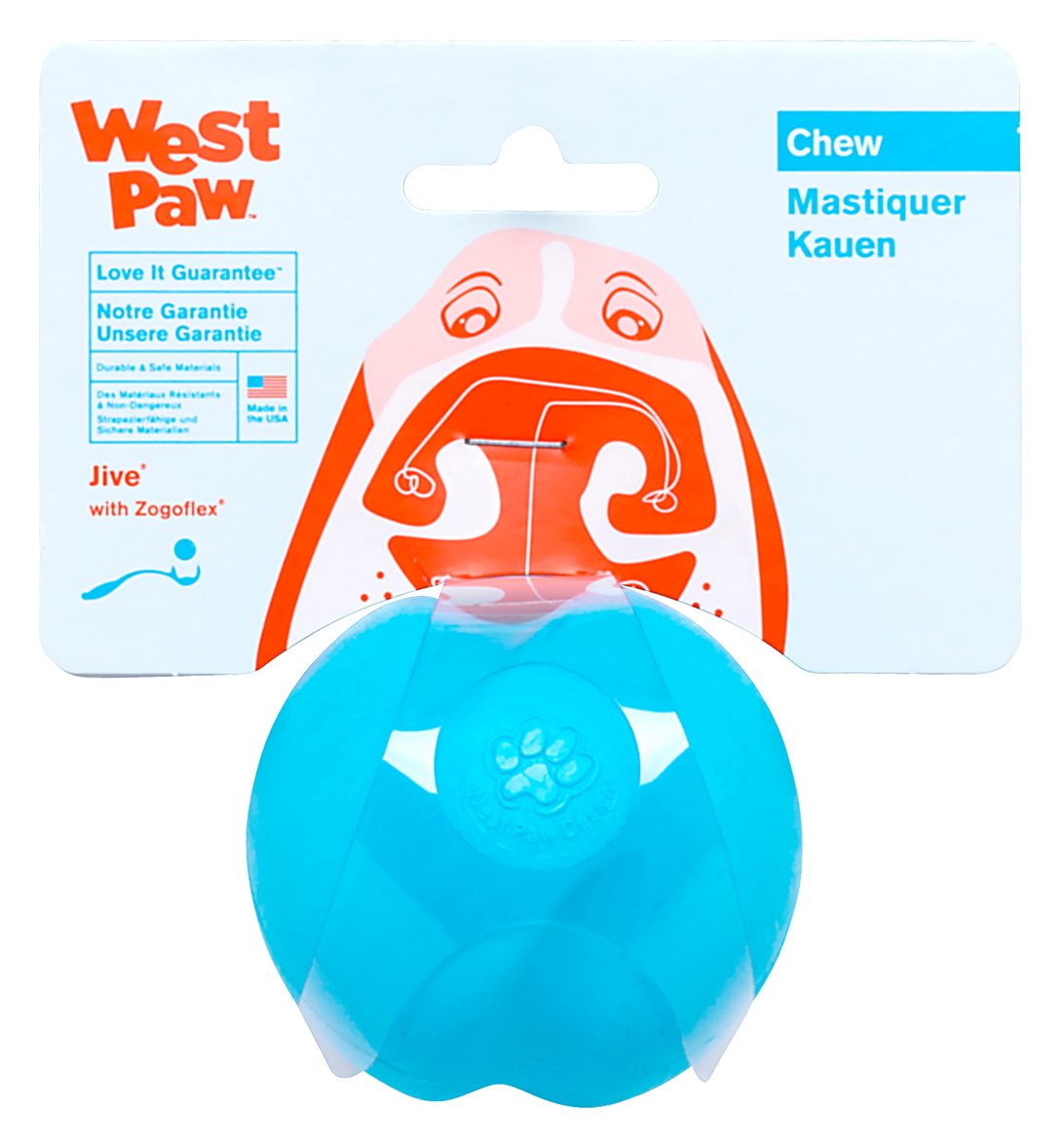 WEST PAW Zogoflex Jive Ball bleu aqua, jouet chien robuste pour jeu interactif.