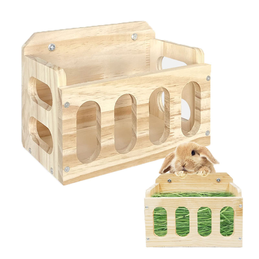 WEWAYKGJ porte-foin en bois naturel monté sur cage, pour une alimentation propre et rationnelle.