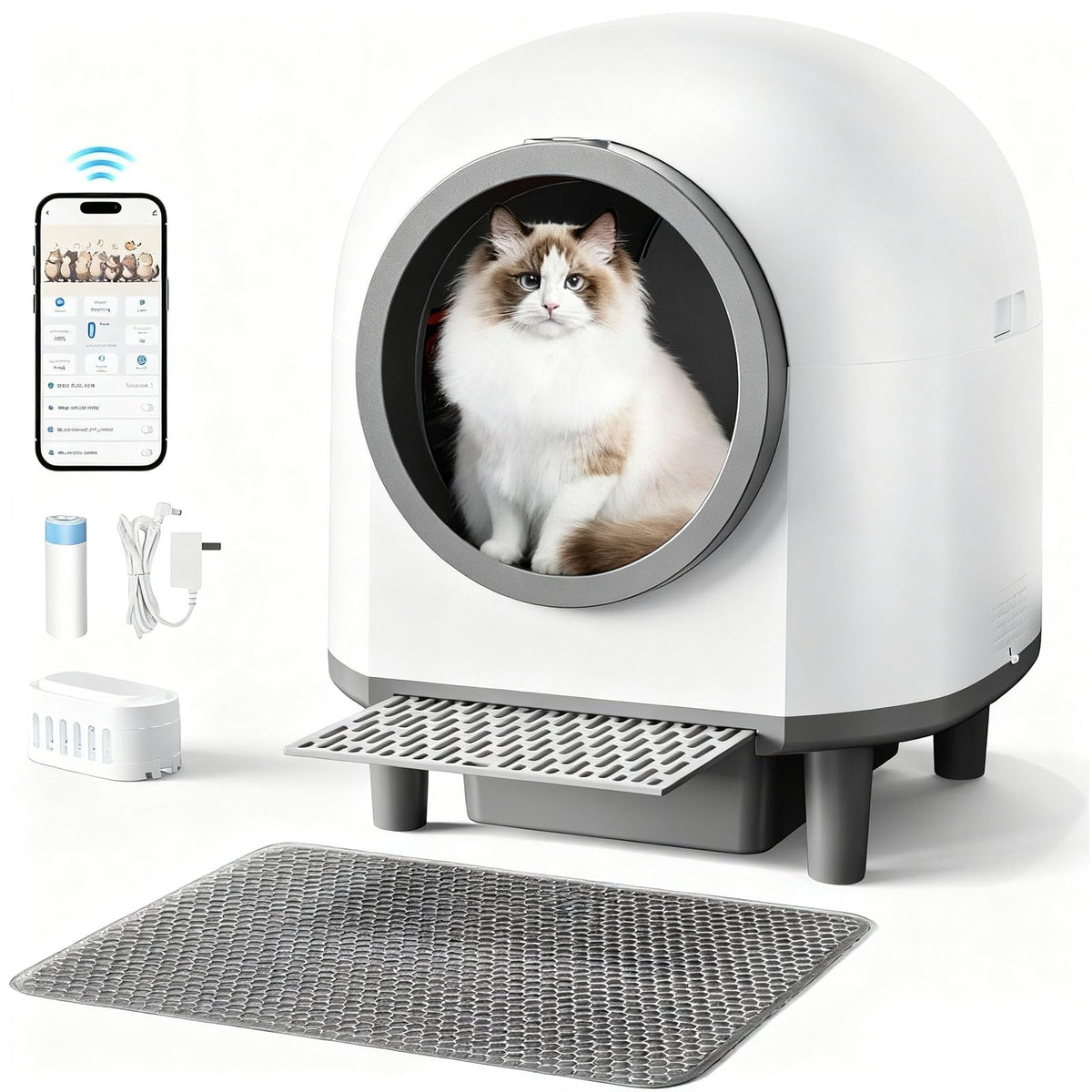 Whiffee litière auto multi-chats 88L — contrôle via appli, nettoyage à distance.