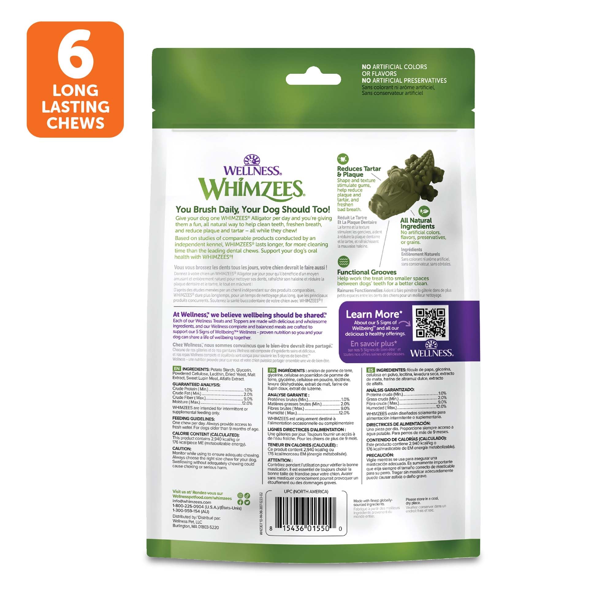 Whimzees Alligator – arômes naturels sans colorants artificiels ni céréales