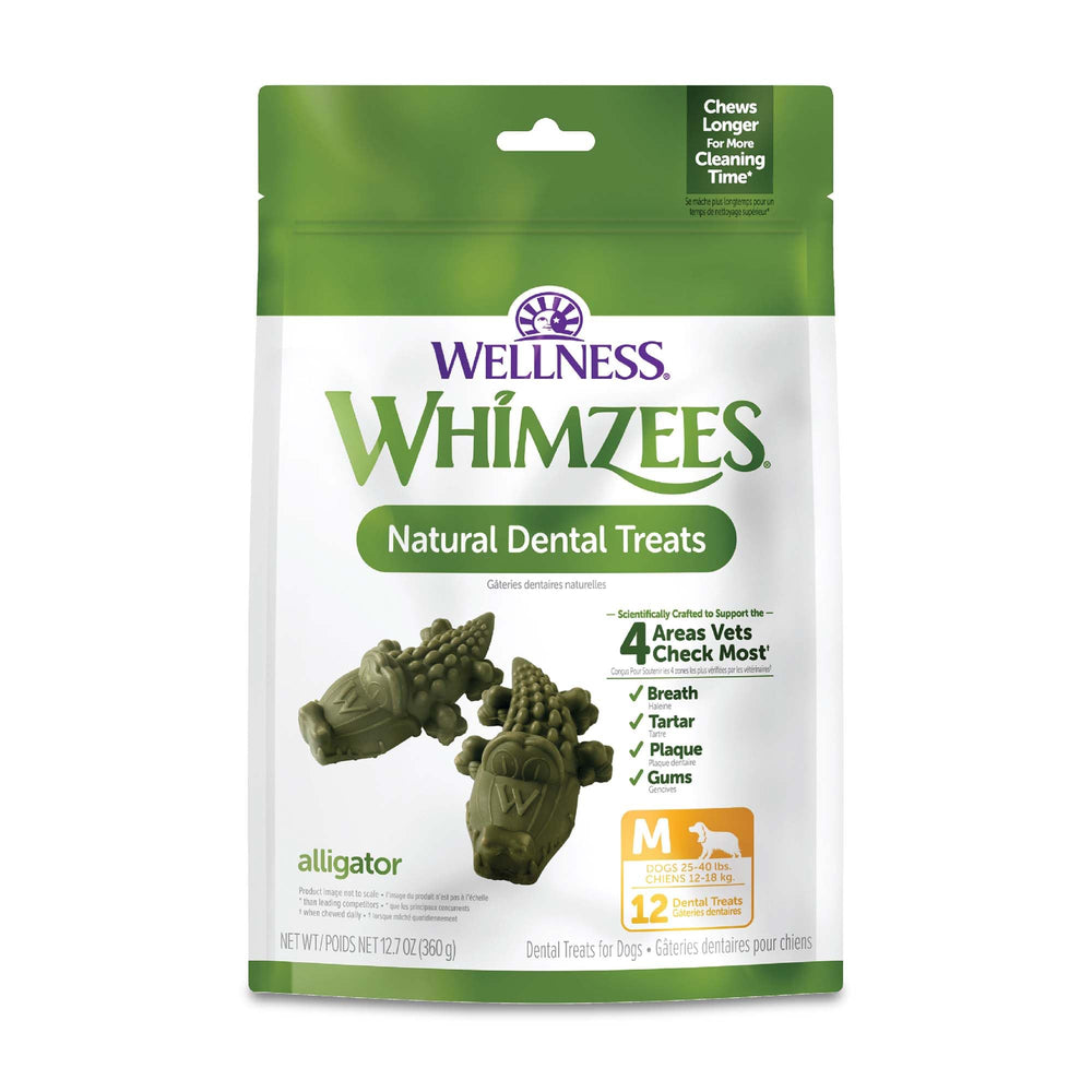 Whimzees Alligator, façade sachet : friandise dentaire pour chien.
