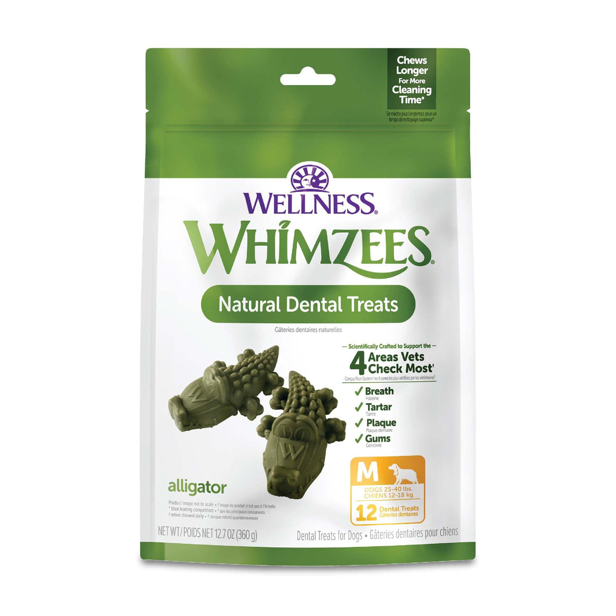 Whimzees Alligator, façade sachet : friandise dentaire pour chien.