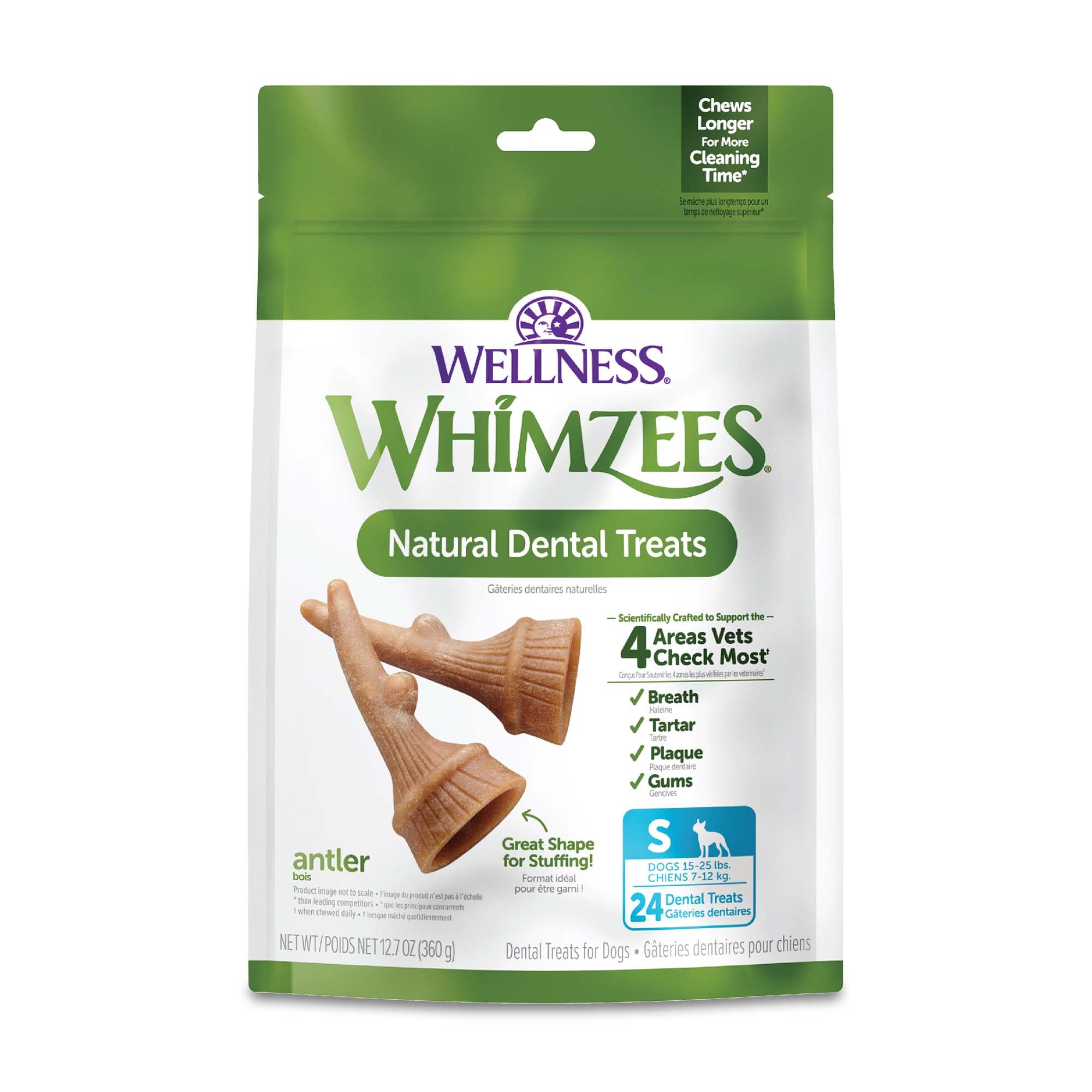 Whimzees Antler Occupy : biscuit dentaire petit, haleine plus fraîche après la mastication.