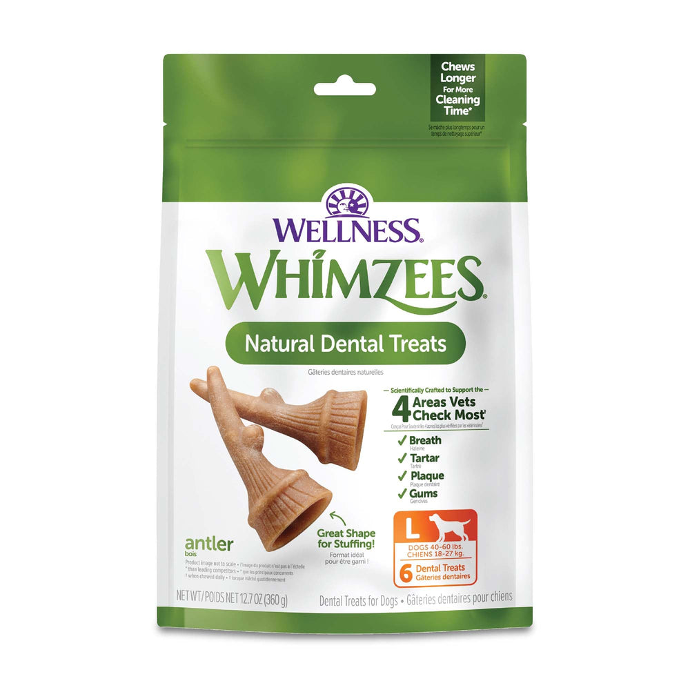 Whimzees Antler Occupy emballage clair et pratique pour le rangement