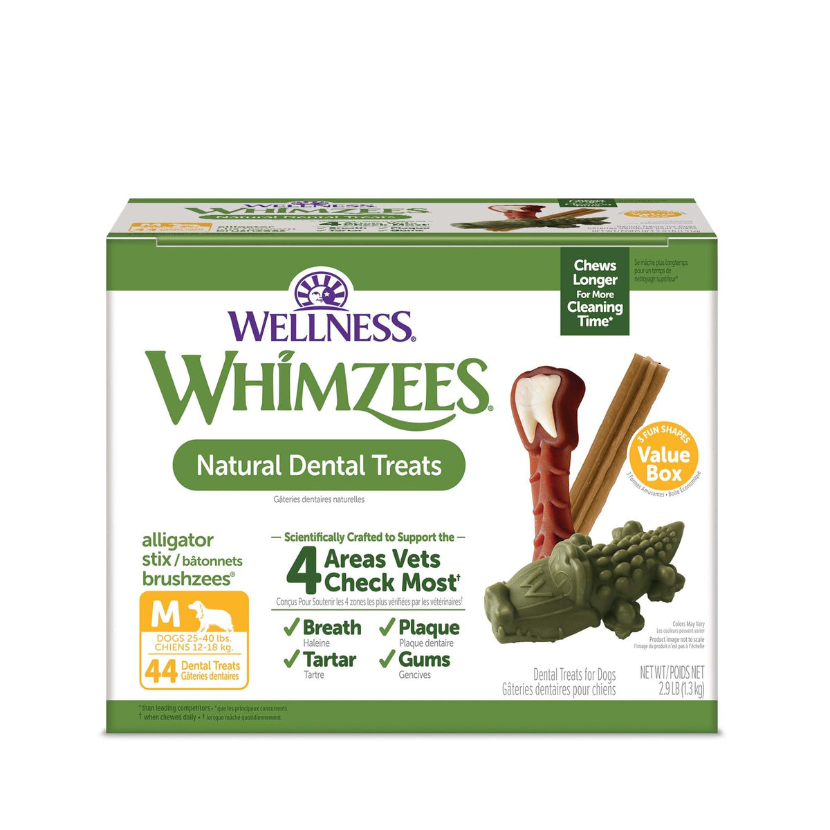 Whimzees Wellness: boîte dentaires 44 pièces pour le soin quotidien.