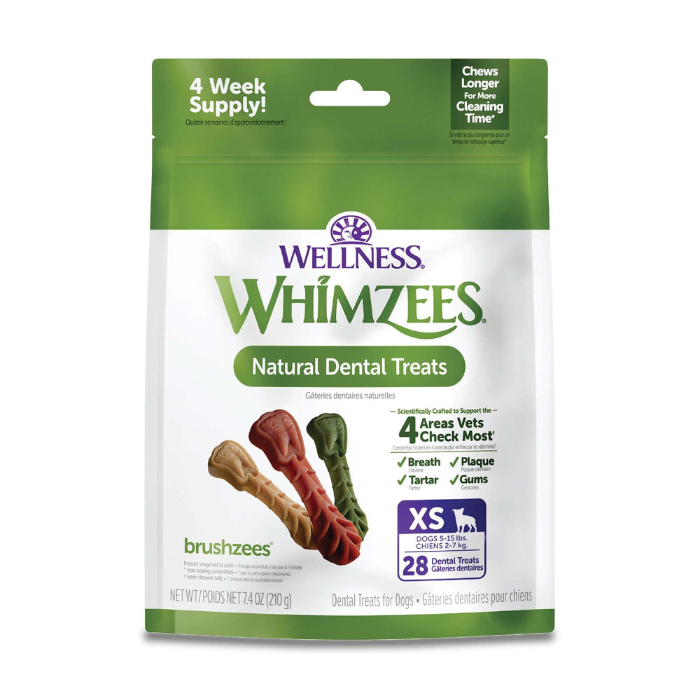 Whimzees Daily Brushzees dans le sachet, friandise naturelle pour dents et haleine fraîche.