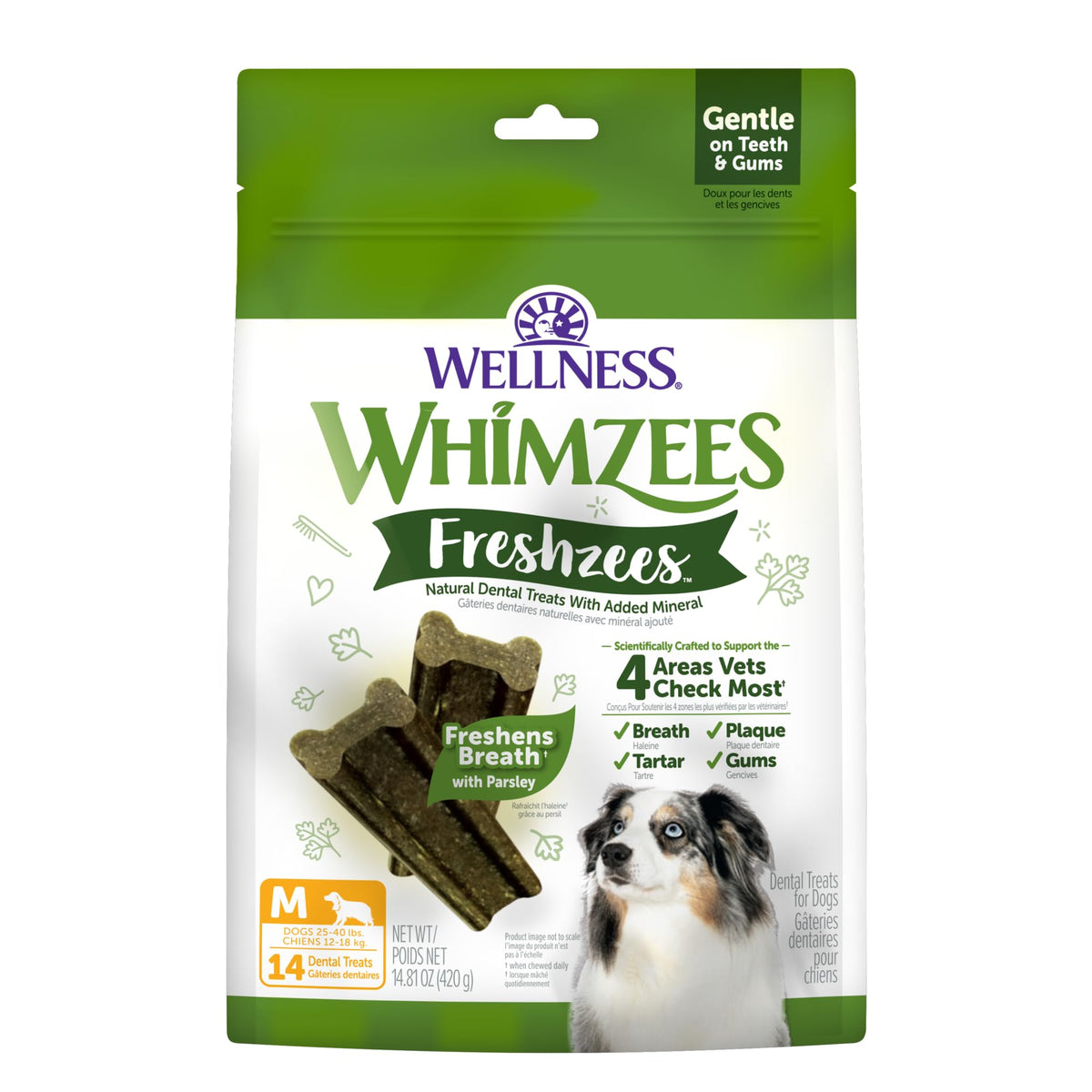 Whimzees Freshzees haleine fraîche grâce au persil, idéale lors de la mastication quotidienne.