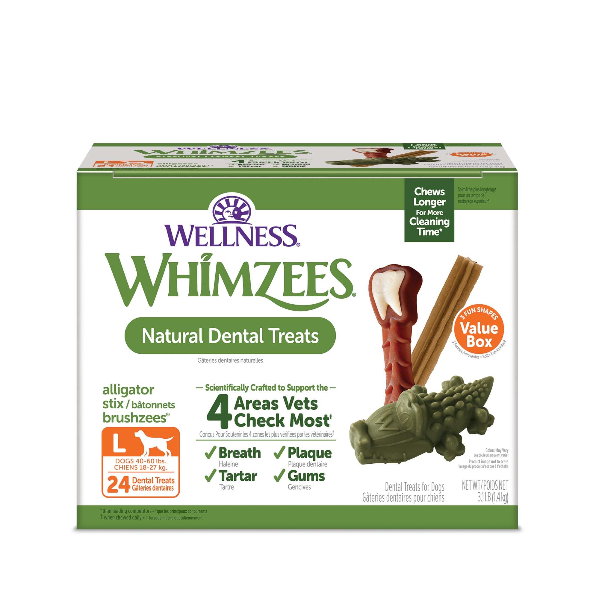 Whimzees Wellness en grosse boîte, friandises dentaires pour propreté buccale