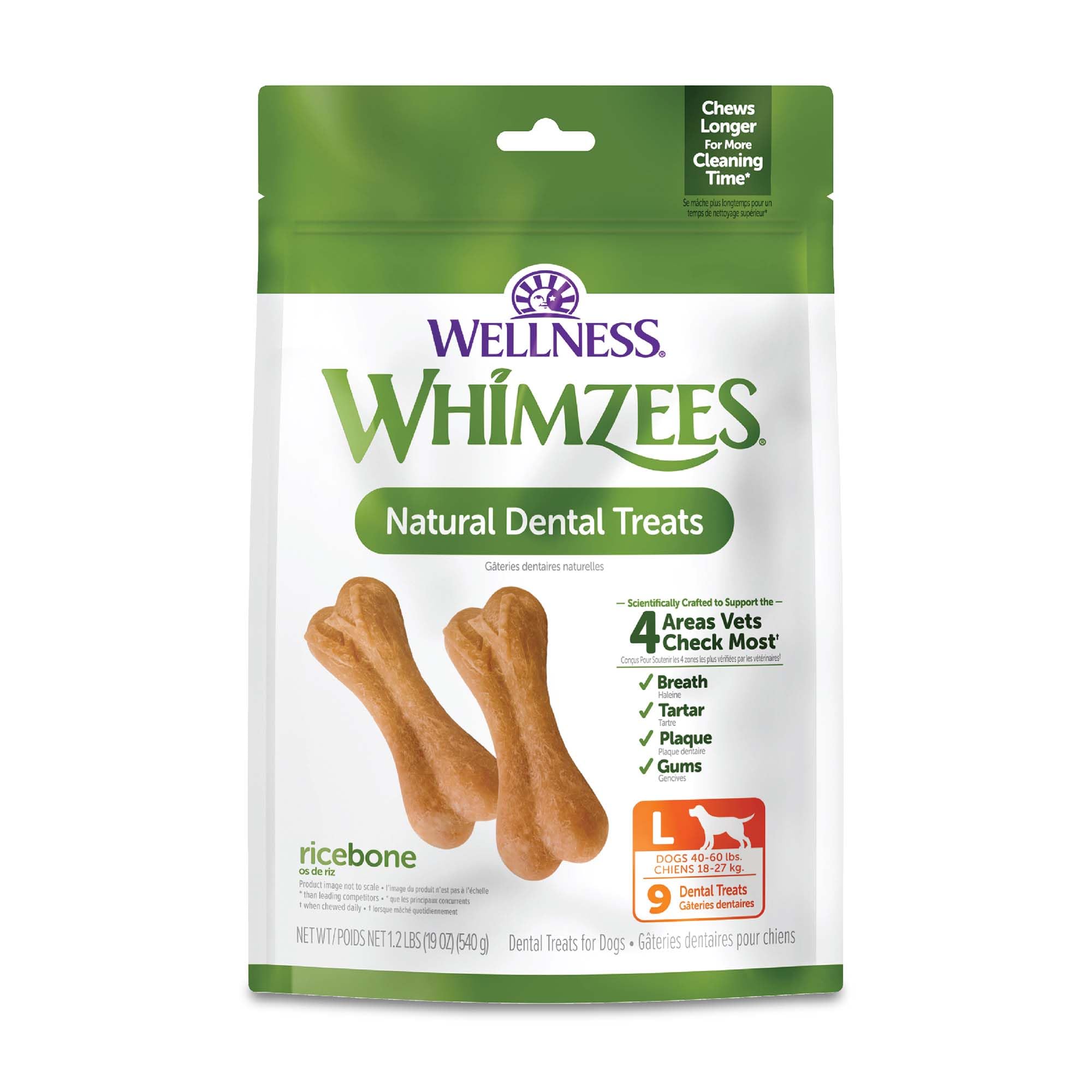Whimzees Ricebone chien grande taille, emballage visible, favorise hygiène dentaire quotidienne
