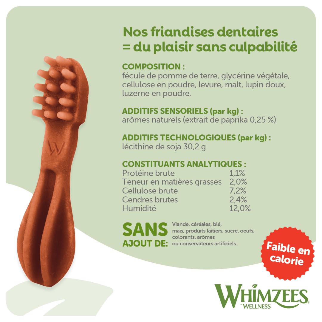 Whimzees sans sucre et faible calories: option légère pour chien actif.