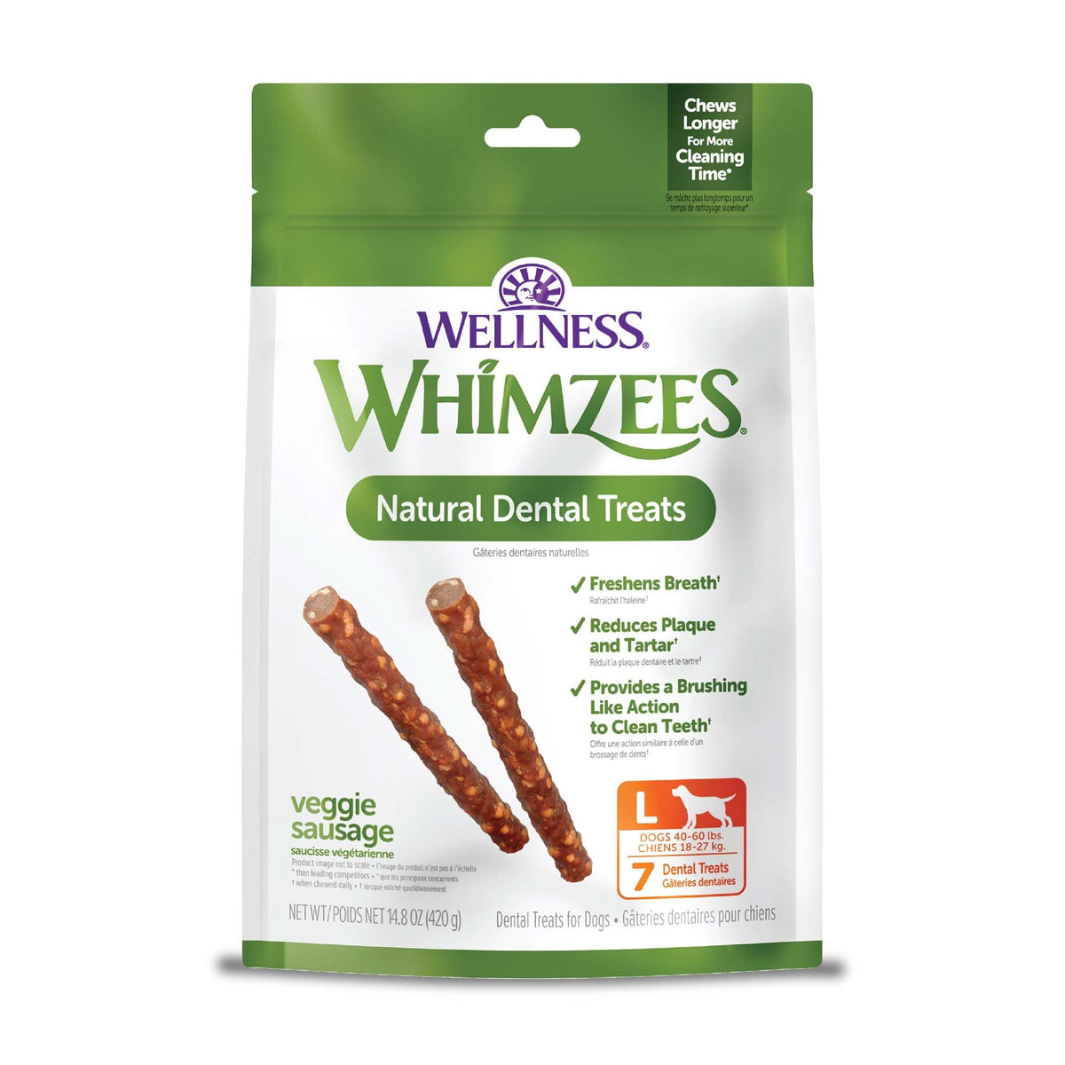 Whimzees Saucisse Légume Dentaire photo d'emballage montrant une haleine plus fraîche.