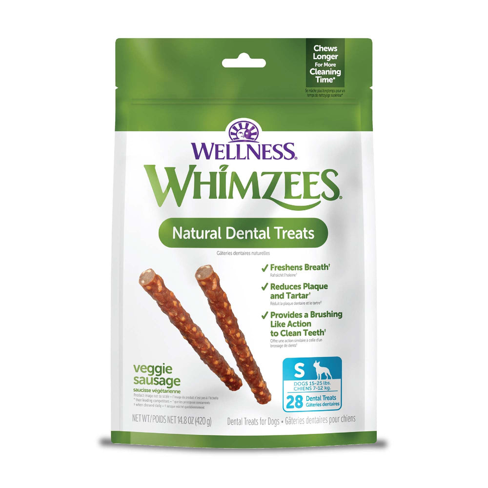 Whimzees Saucisse Végétale dans le sachet de 420 g, pratique pour une friandise dentaire quotidienne.