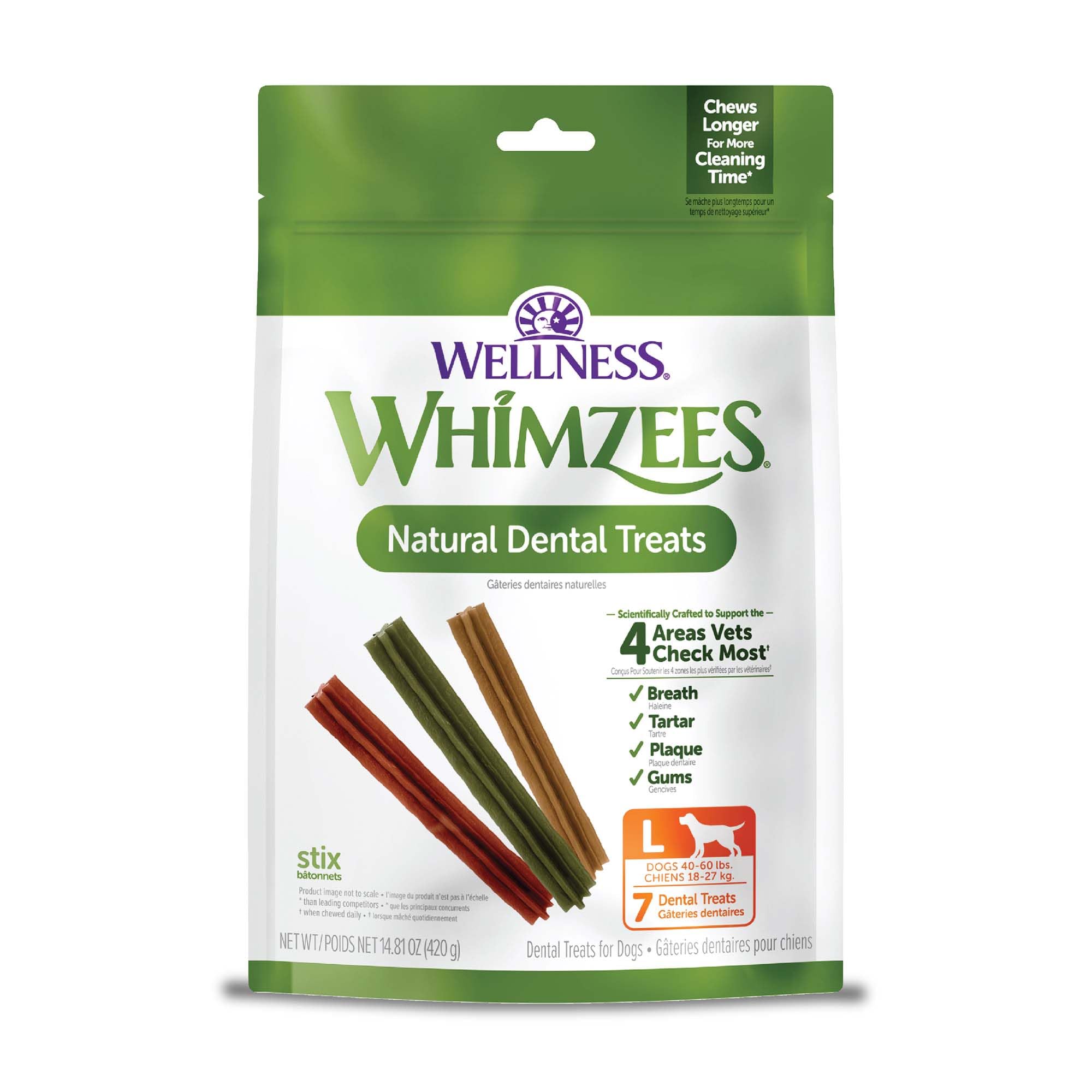 Whimzees Wellness Stix, friandise dentaire pour chien, haleine plus fraîche.