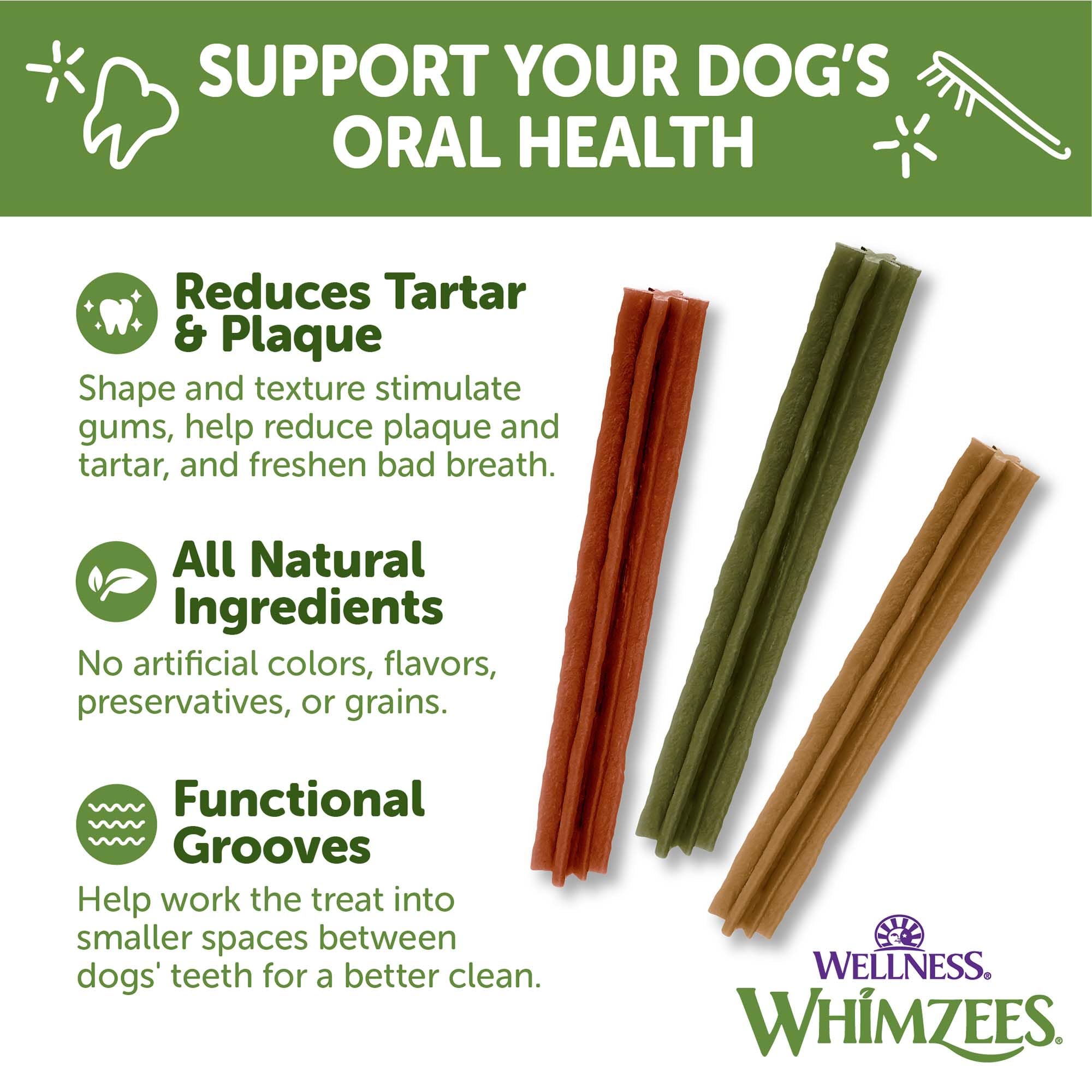 Whimzees Wellness Stix, texture rainurée pour nettoyage efficace des dents.