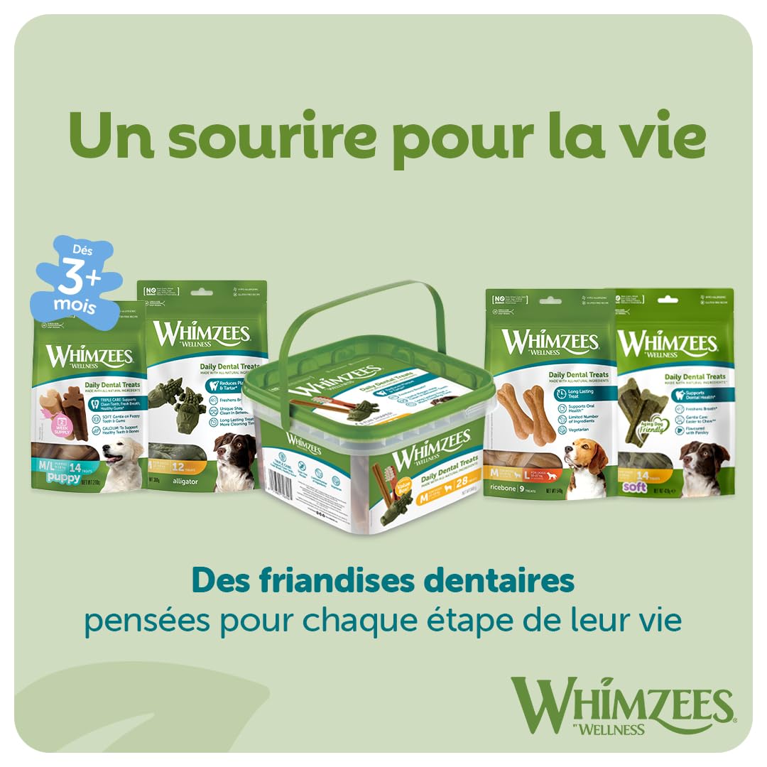 Whimzees textures variées: favorisent le brossage mécanique quotidien.