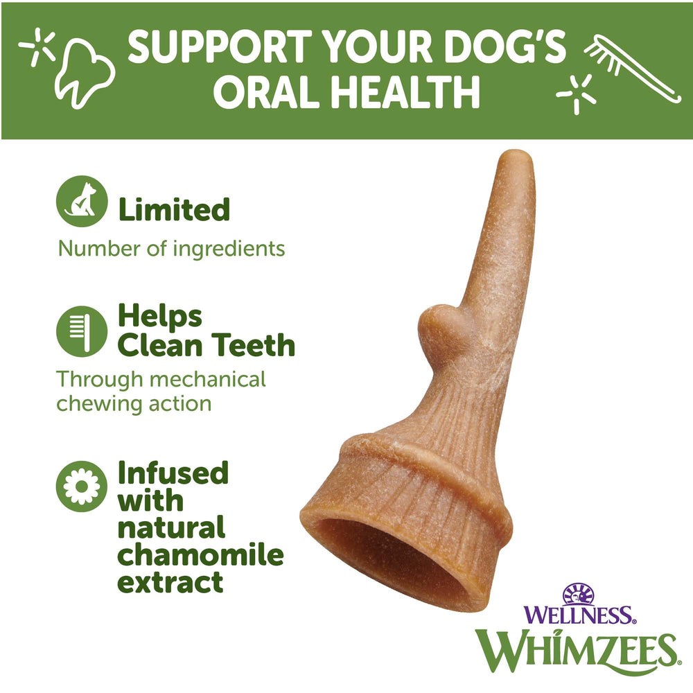 Whimzees Wellness Antler Occupy forme antler facilitant la prise en bouche et le jeu.