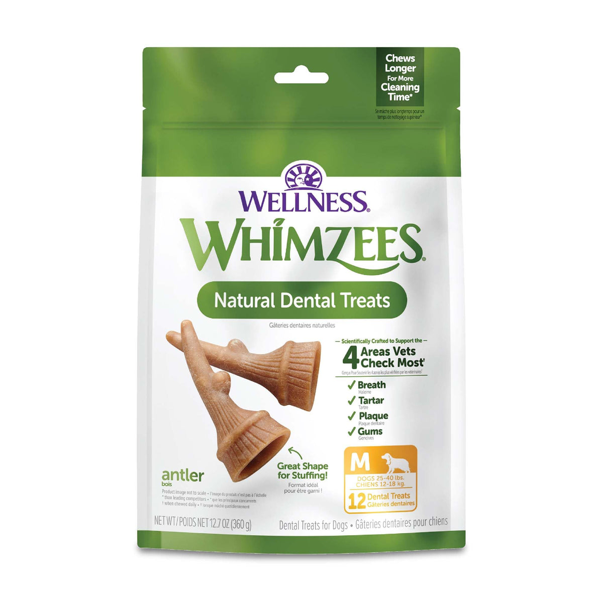 Whimzees Wellness Antler Occupy paquet 12 pièces, friandise dentaire naturelle pour l'hygiène buccale.