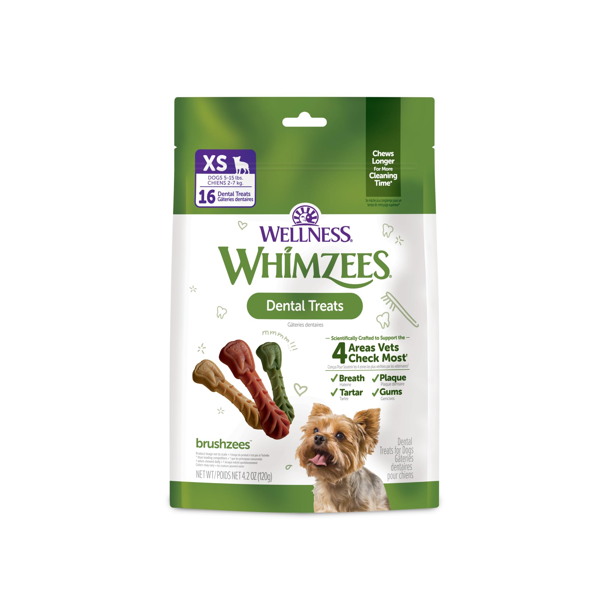 Whimzees Wellness Brushzees emballage, outil pratique pour l'hygiène dentaire quotidienne du chien.