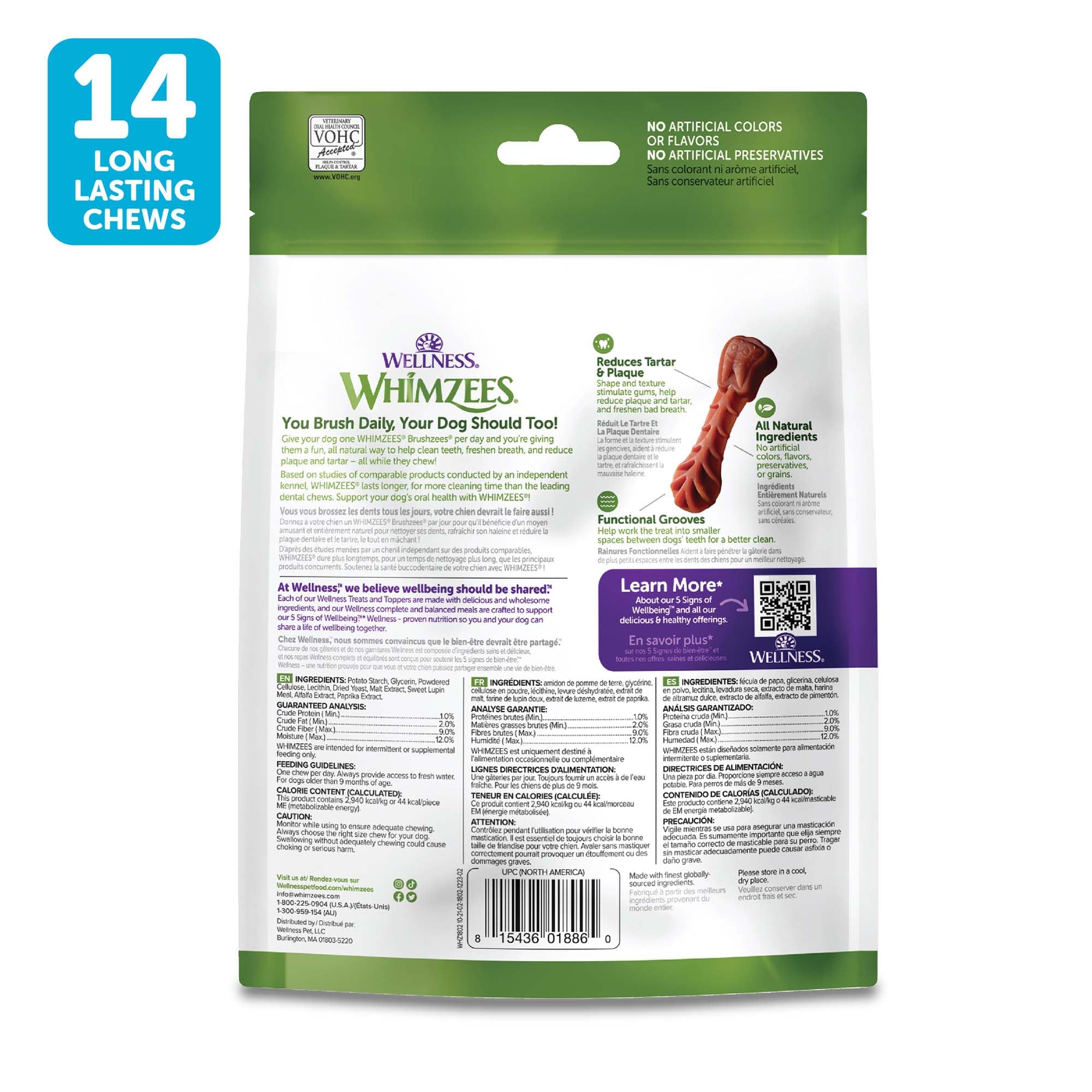 Whimzees Wellness Daily Brushzees – sachet ouvert et bouchées prêtes à être données.
