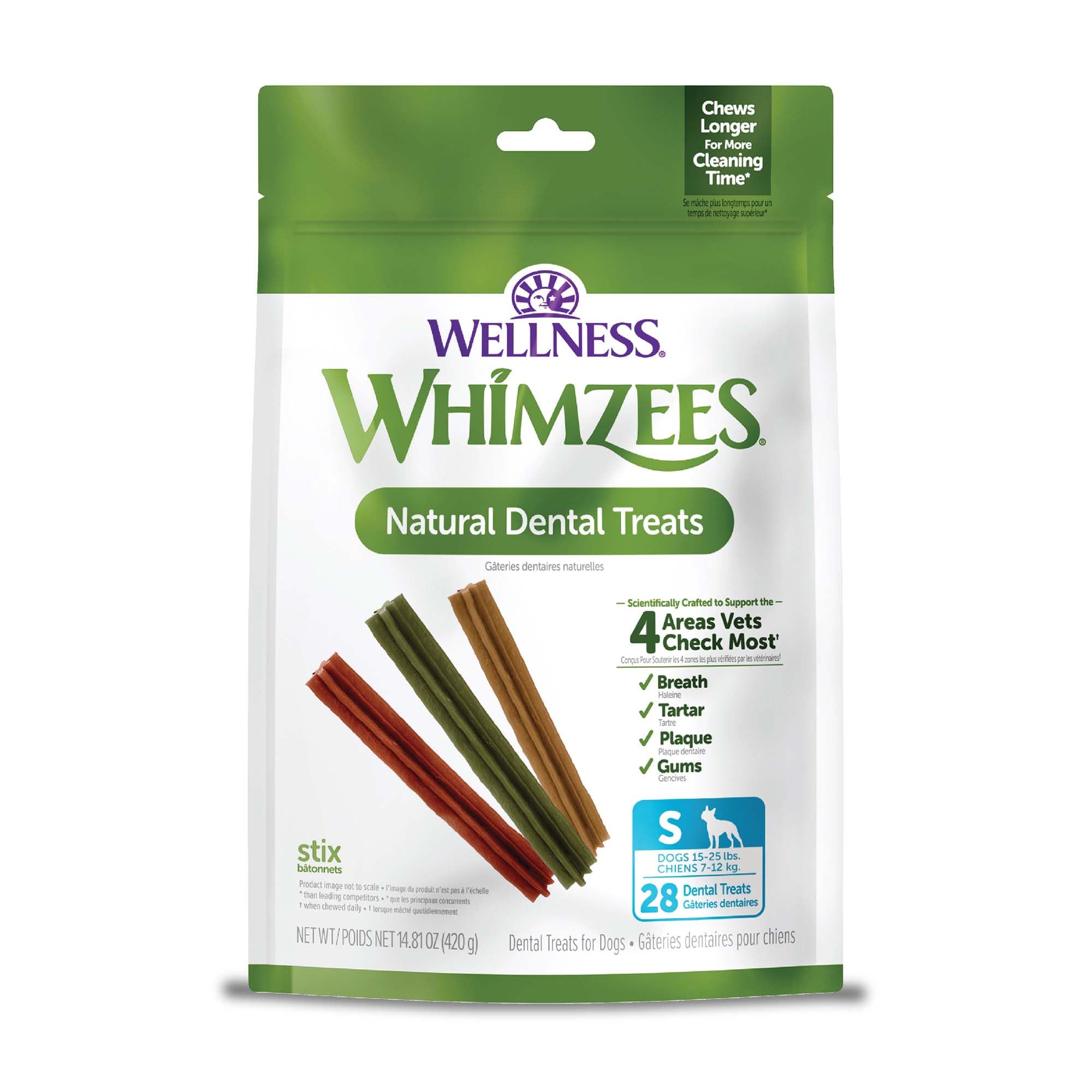 Whimzees Wellness Stix emballage: sachet pratique pour le quotidien du chien.