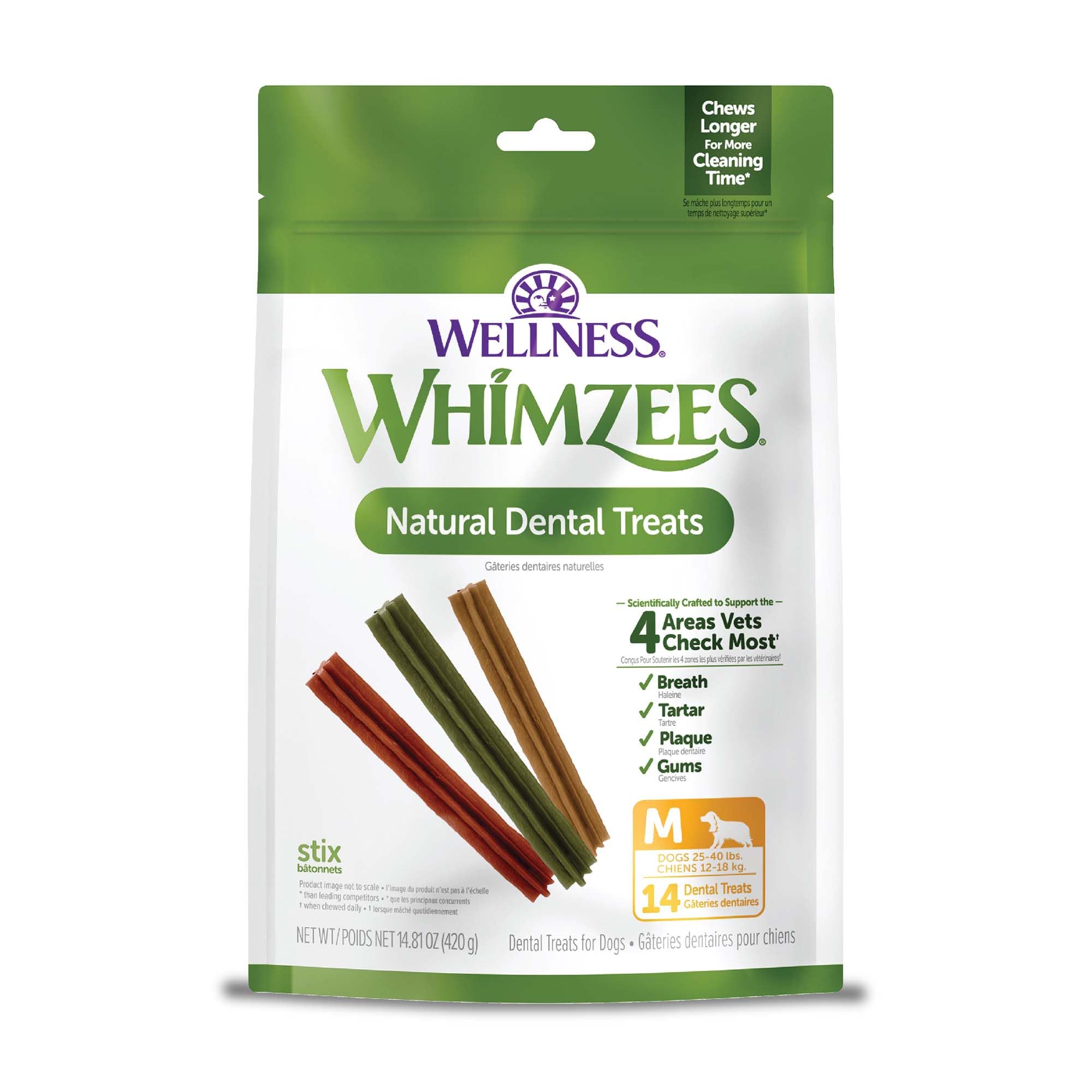 Whimzees Wellness Stix, os dentaire moyen, haleine fraîche après la mastication.