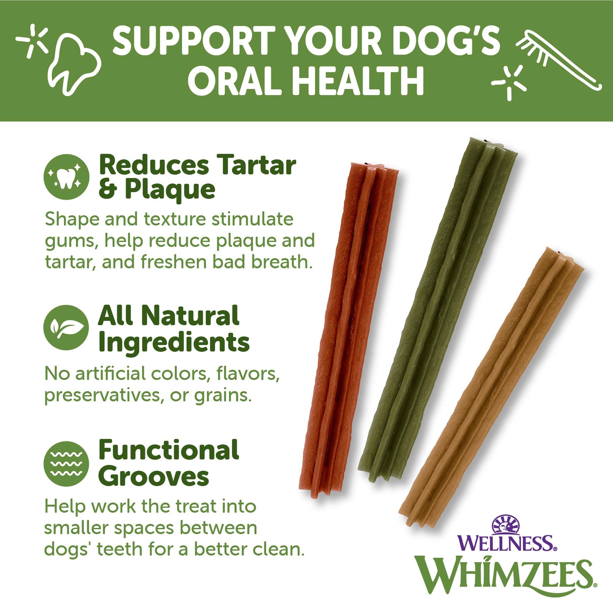 Whimzees Wellness Stix texture et design: nettoyage dentaire lors de la mastication.