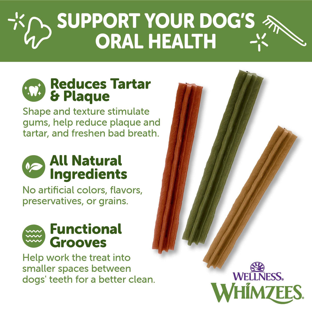 Whimzees Wellness Stix texture et design: nettoyage dentaire lors de la mastication.