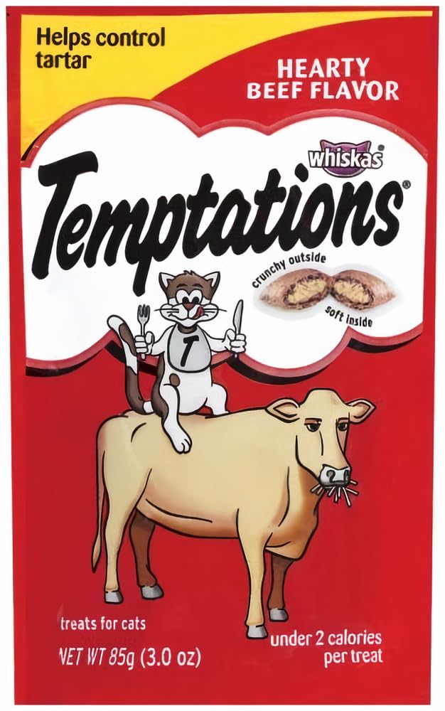 Whiskas Temptations Boeuf: friandise croquante extérieure, cœur crémeux, idéale comme récompense quotidienne.