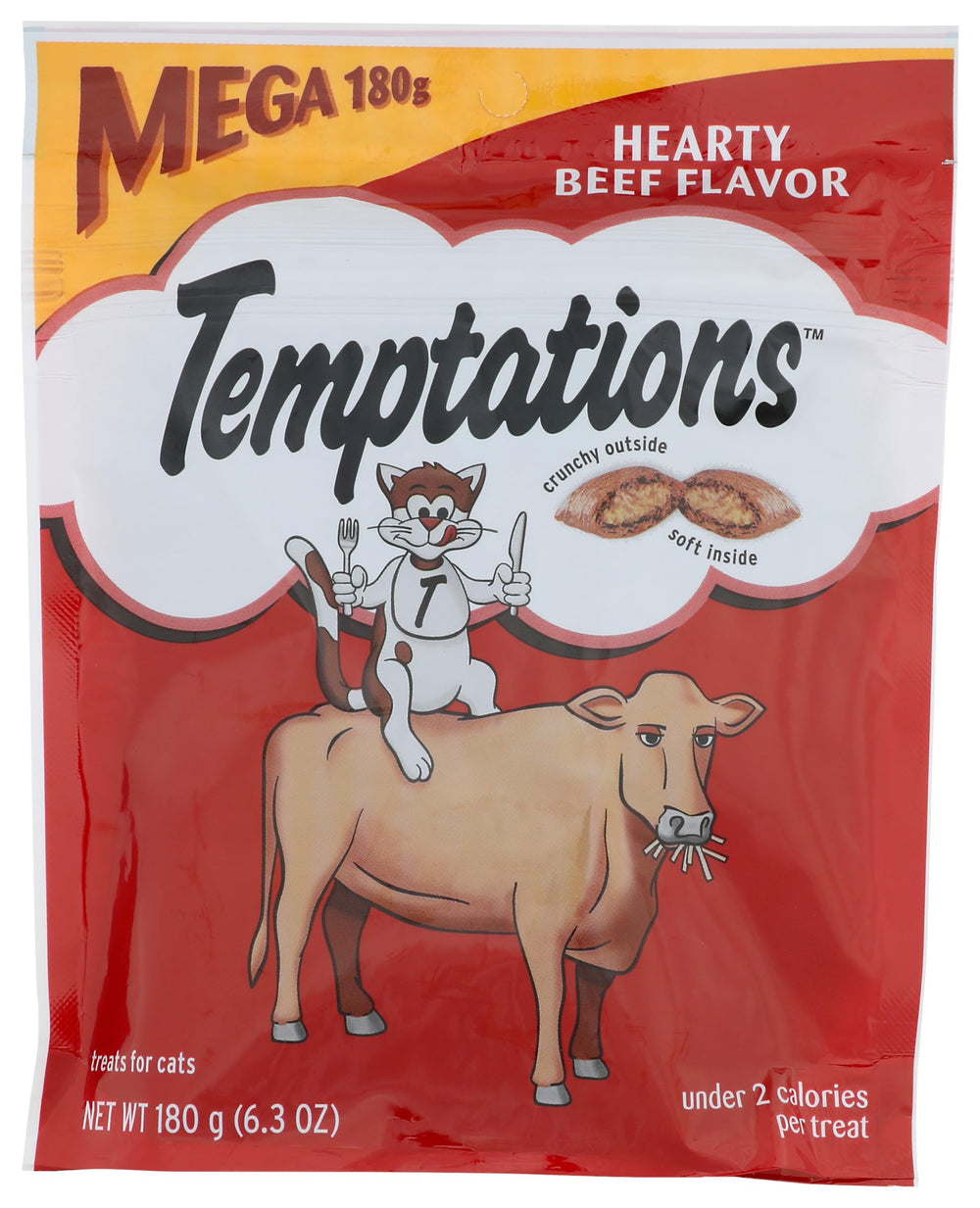 Whiskas Temptations Boeuf : friandise intérieure croquante et cœur tendre pour chat.