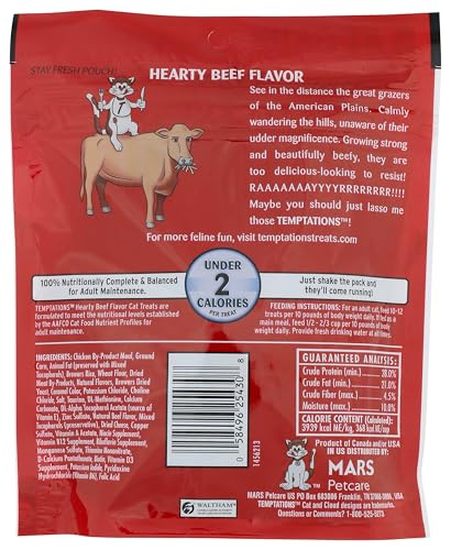 Whiskas Temptations Boeuf : sachet secoué attire l'appétit du chat.