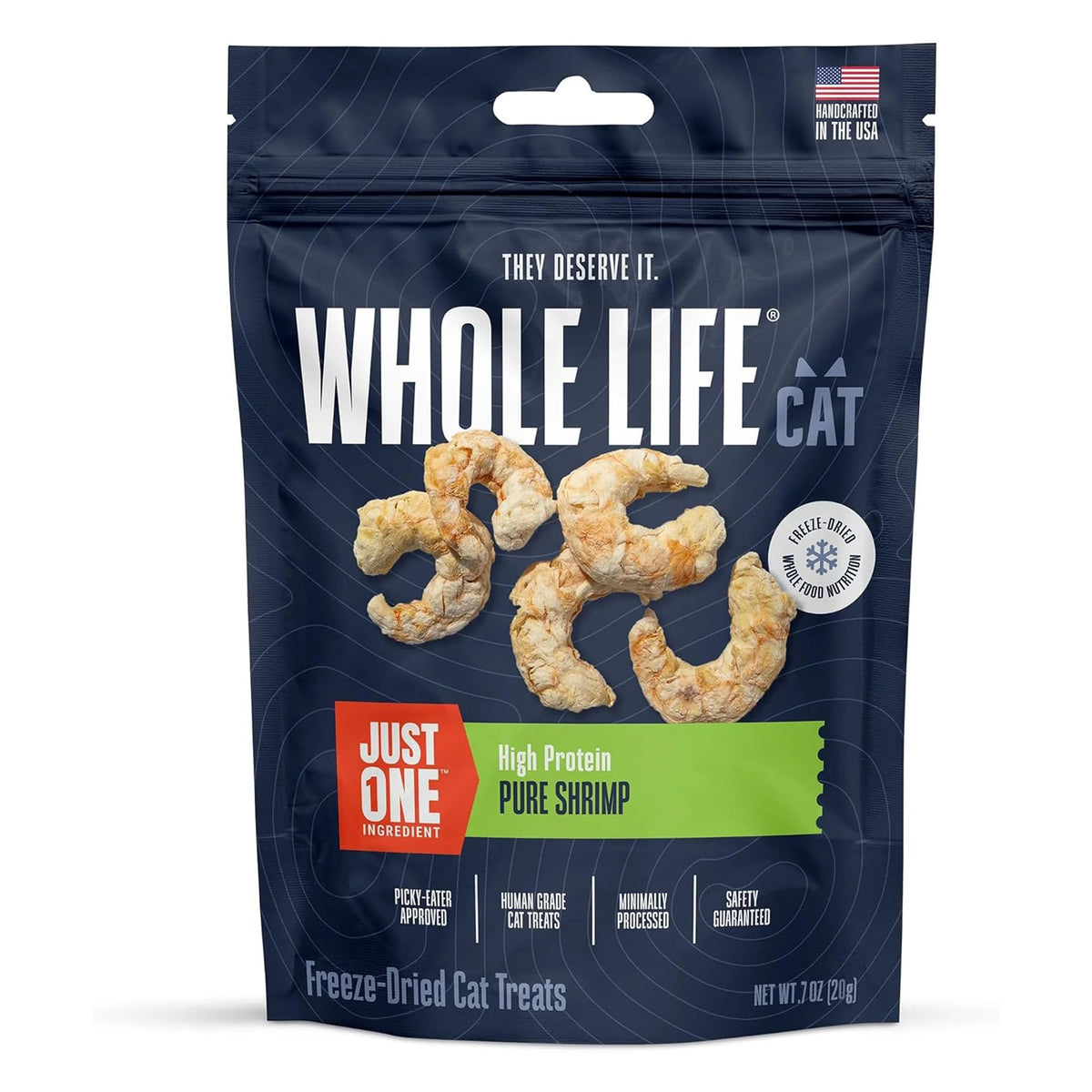 Marque Whole Life Pet: image emballage – friandise à la crevette, récompense protéinée.