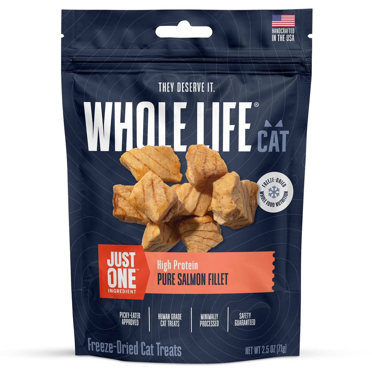 Friandise lyophilisée au saumon Whole Life pour récompenser votre chat.