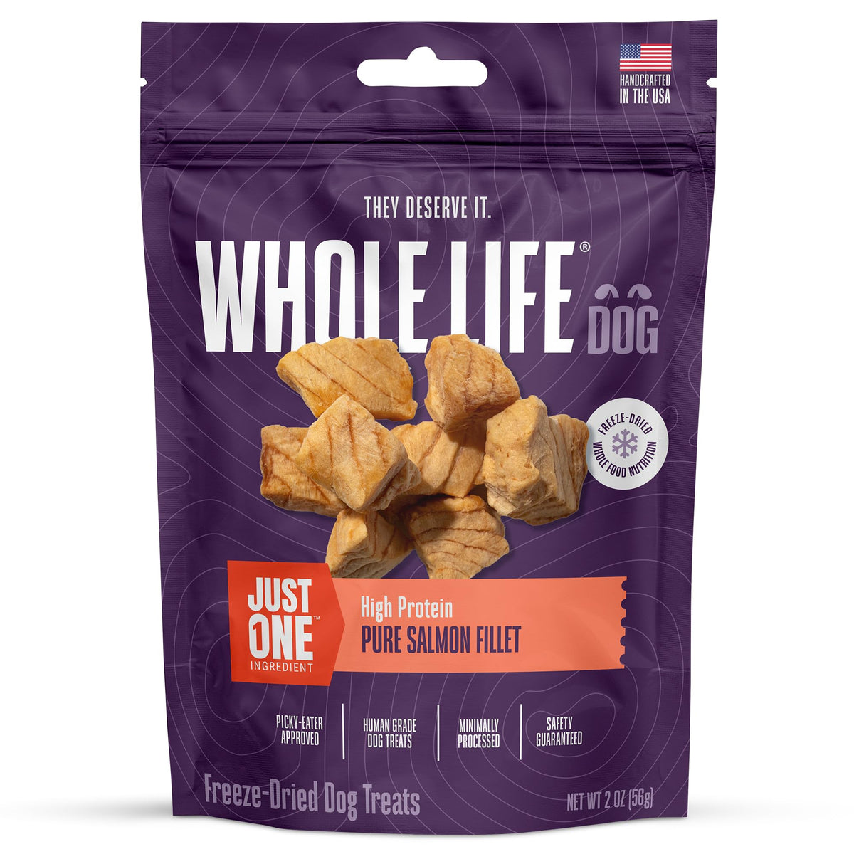 Marque Whole Life Pet, emballage 2oz, friandises saumon lyophilisées riches en protéines.