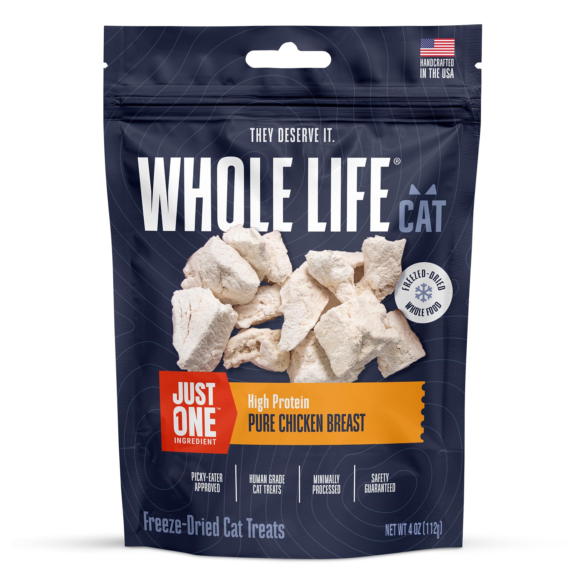 Friandise poulet séché Whole Life Just One, encas protéiné pour chats.