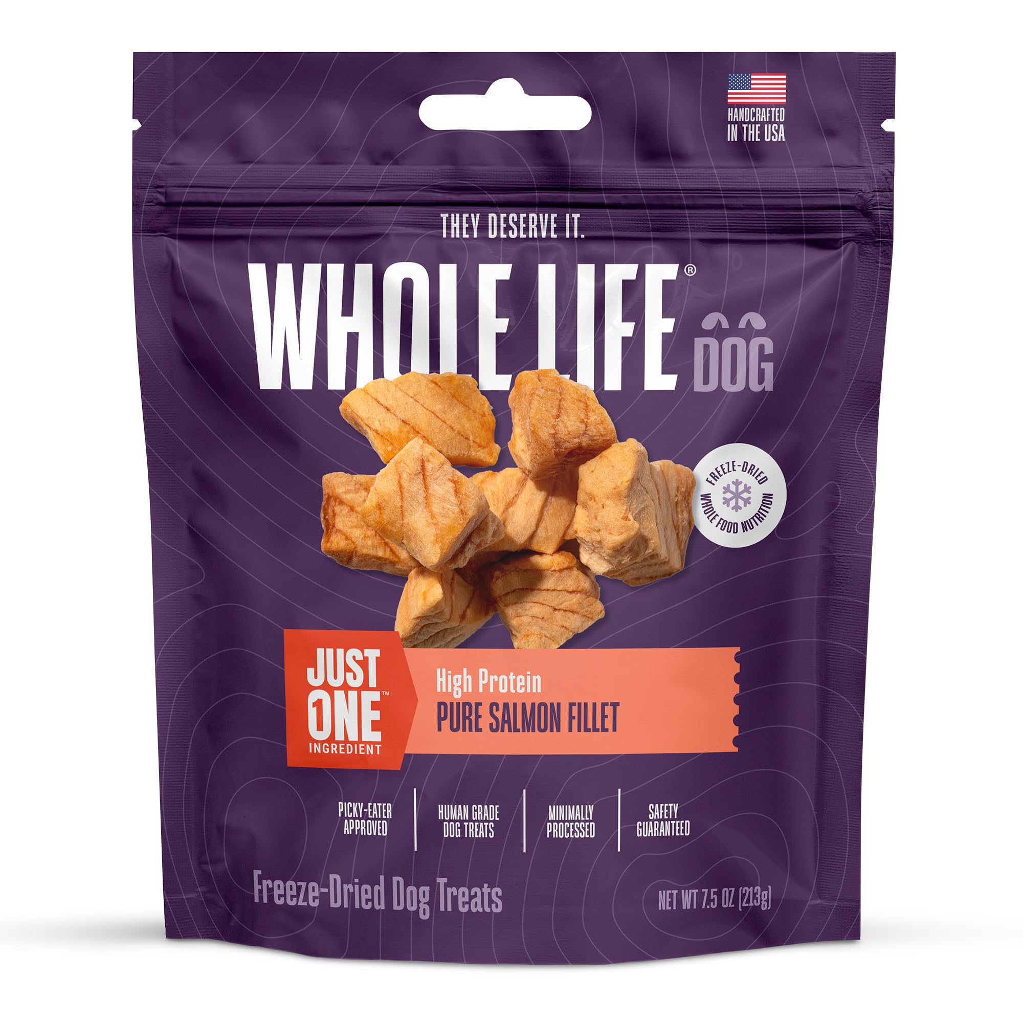 Friandise saumon lyophilisé Whole Life Pet, récompense naturelle et riche en protéines.