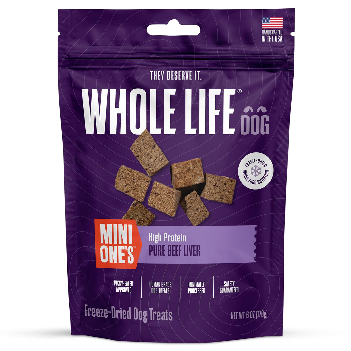 Whole Life Pet Products foie-boeuf lyophilise en sachet, friandise naturelle et appétente.