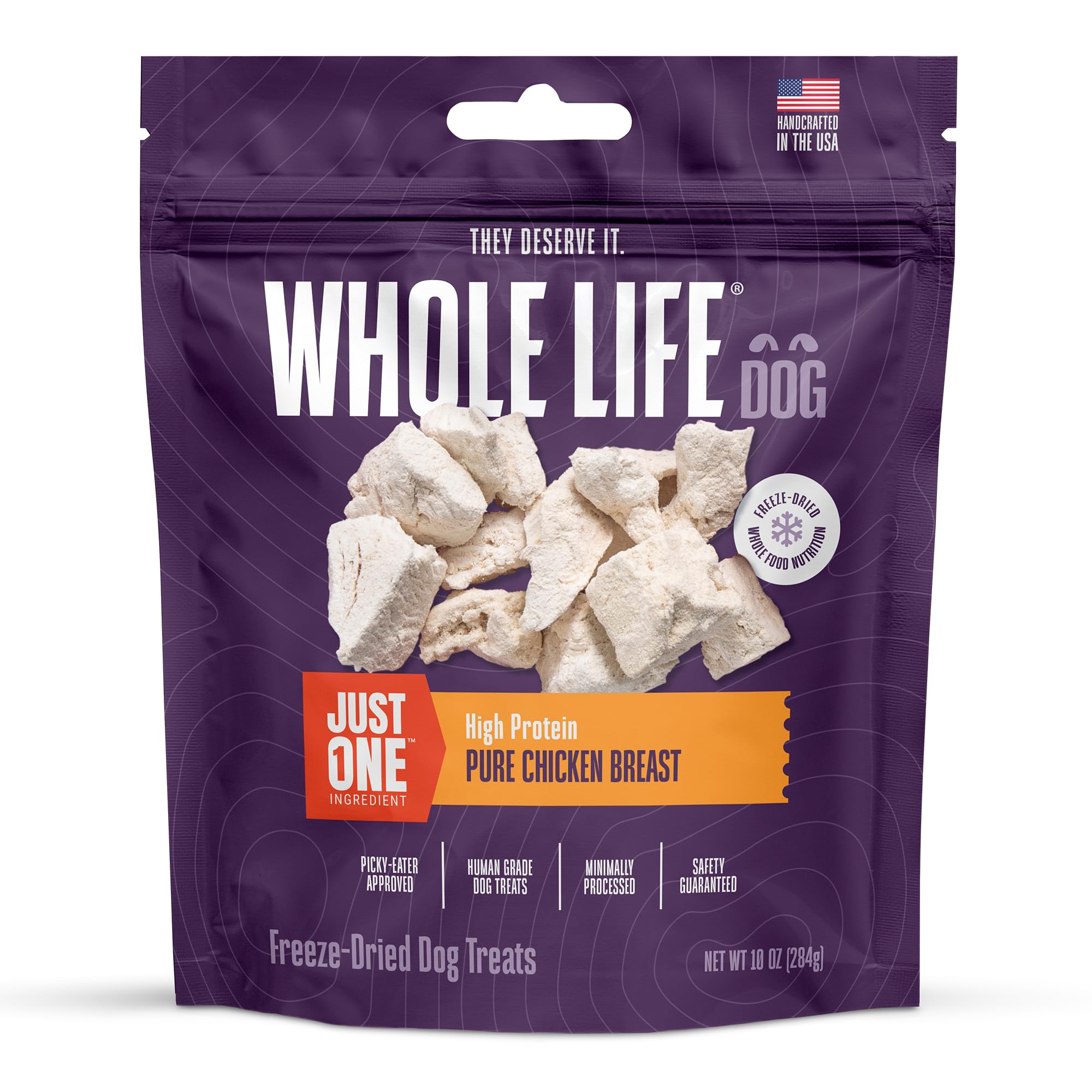 Friandise Whole Life Pet Products au poulet lyophilisé dans un sachet pratique.