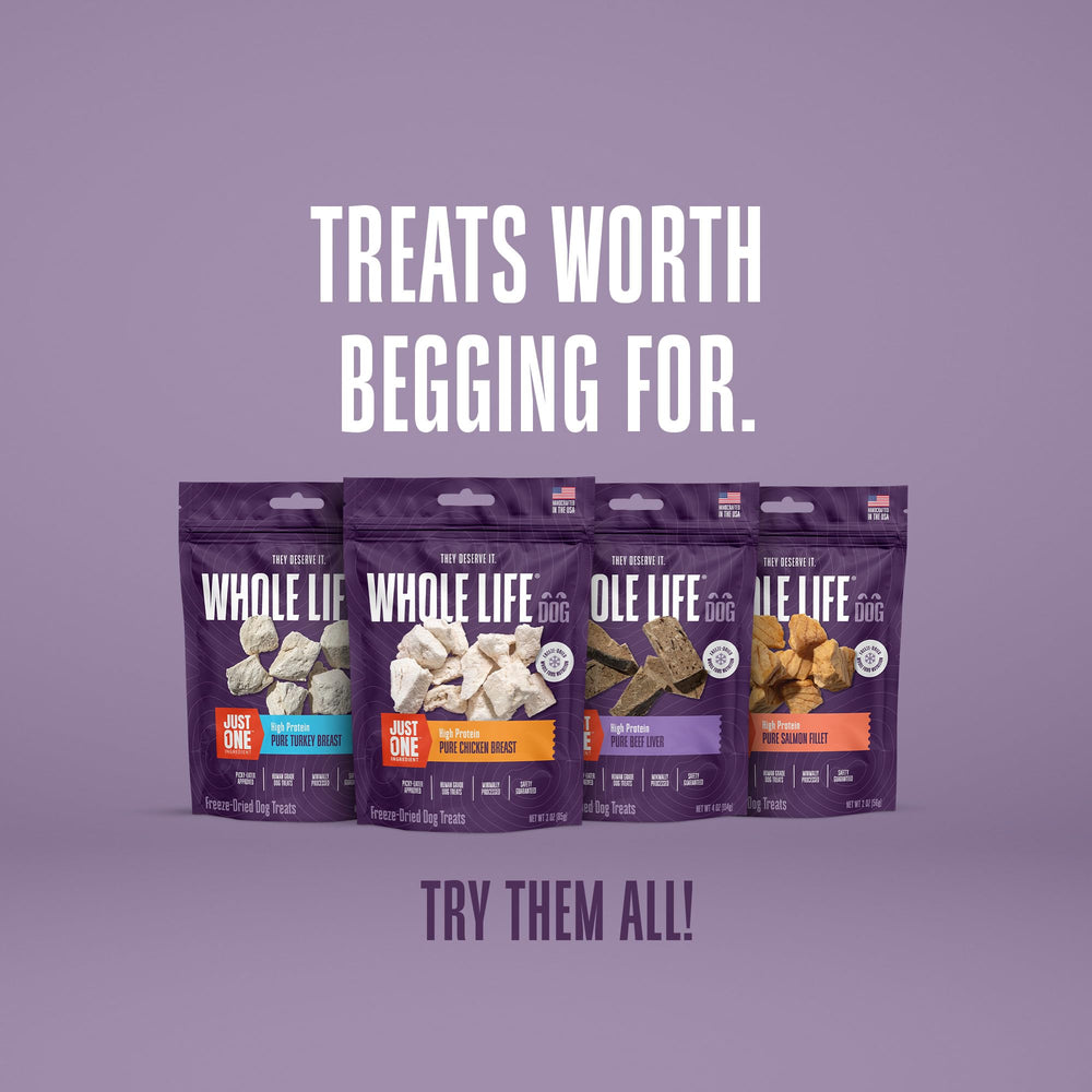Sans conservateurs ni additifs, friandise protéinée Whole Life Pet pour l'équilibre.