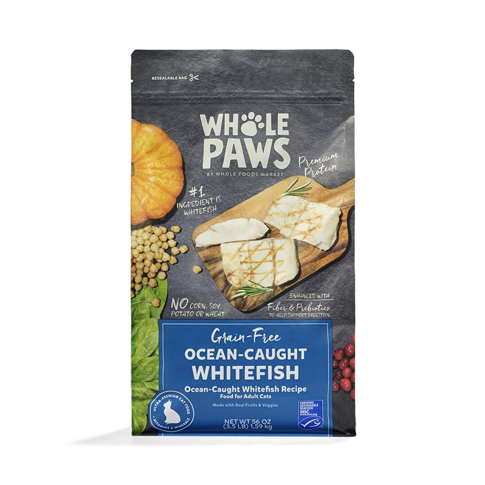 Whole Paws croquettes chat adulte poisson blanc océan, soutien digestif potentiel et appétence.