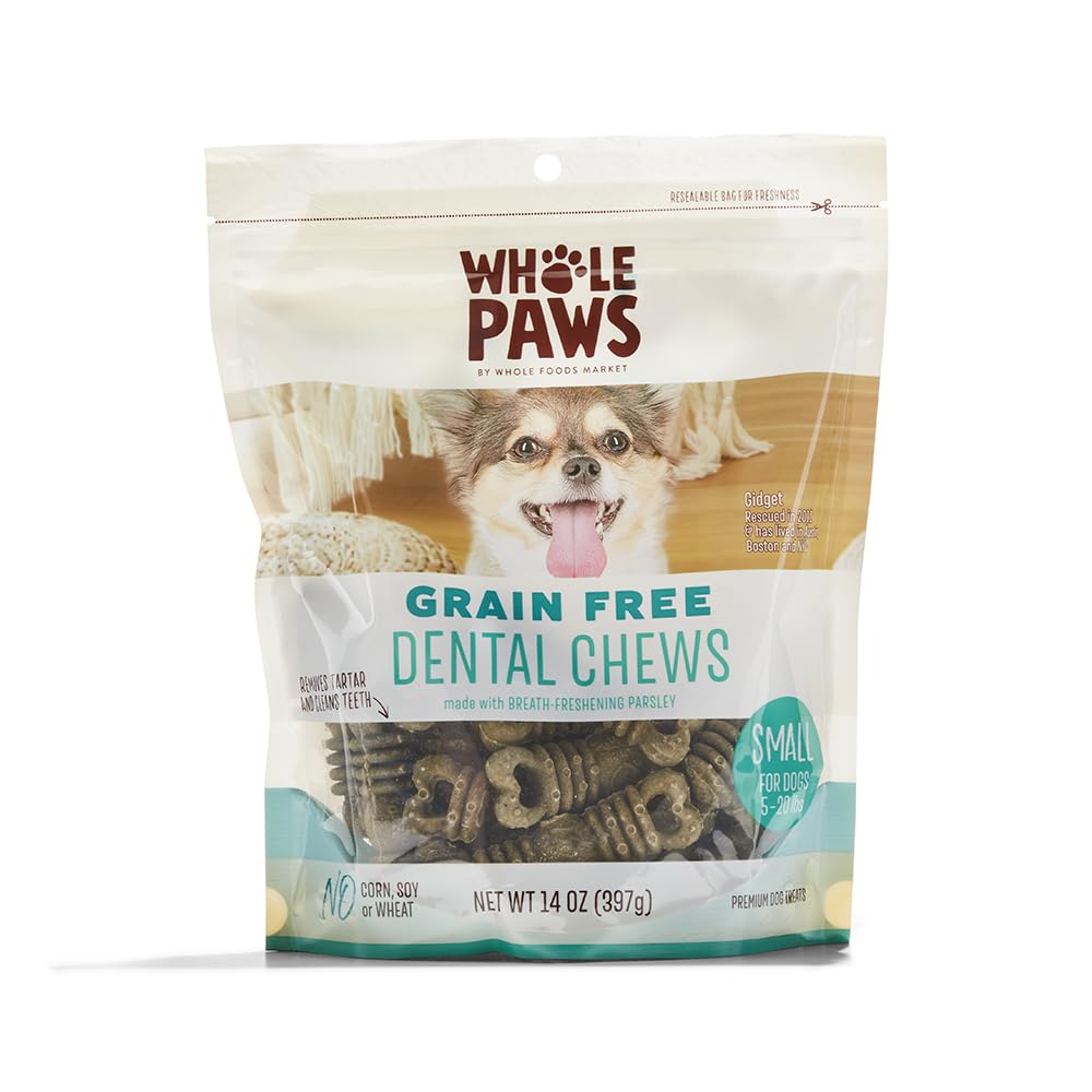 Friandises dentaires Whole Paws sans céréales, emballage pratique pour l'hygiène dentaire quotidienne.